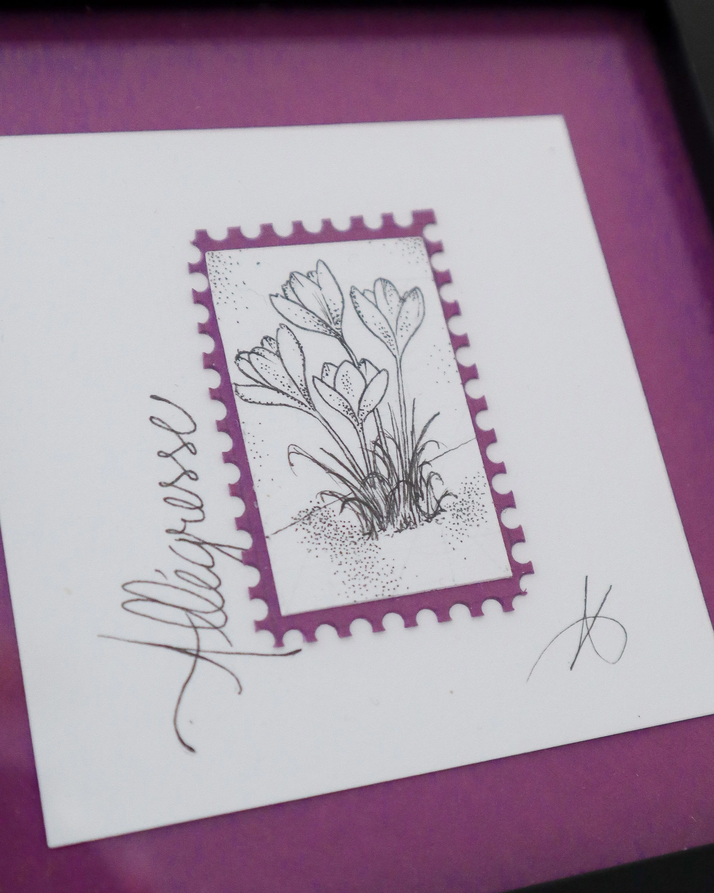 Timbre Floral Pointillisme - Allégresse - Crocus - Feutre Noir 10x10 cm
