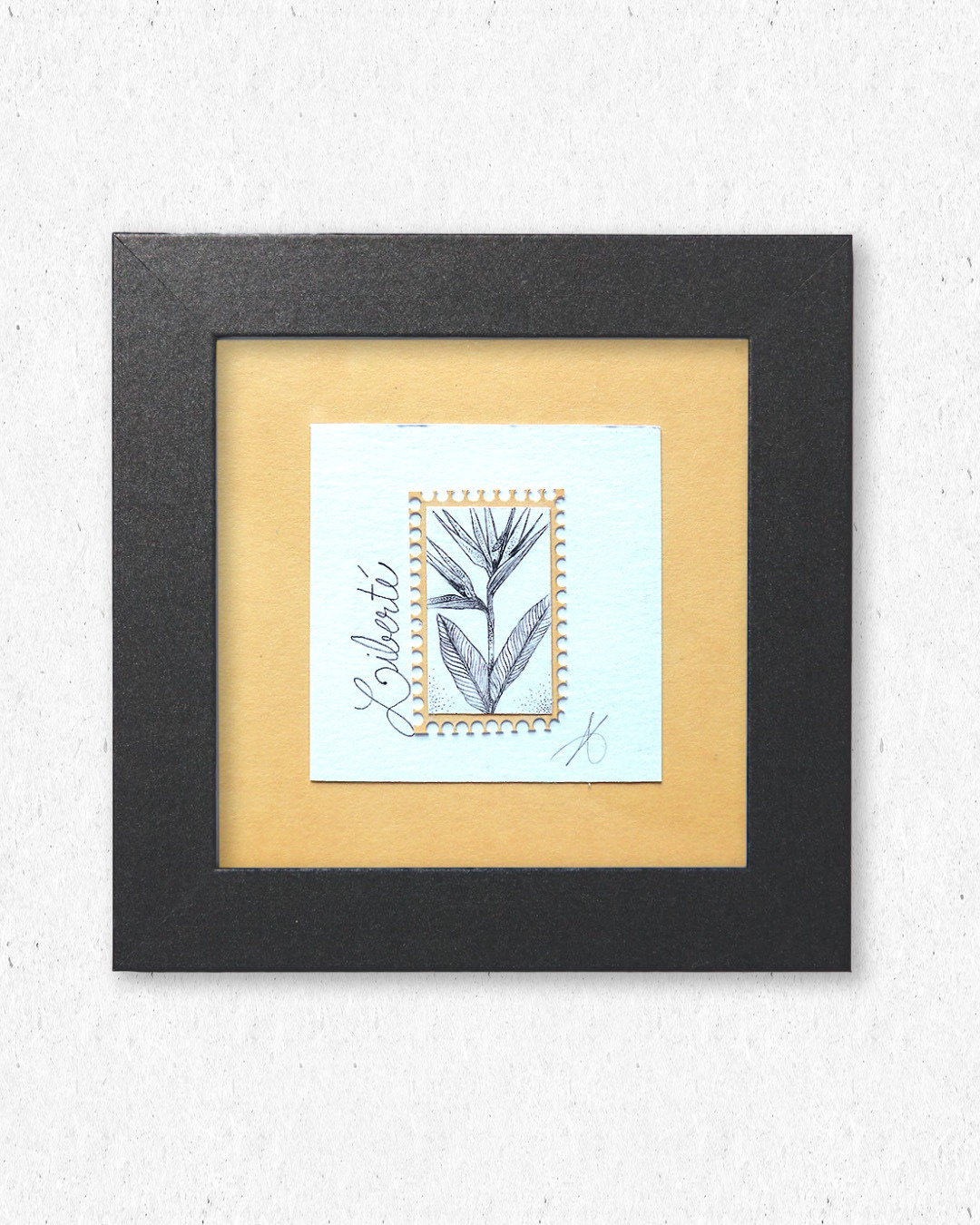 Liberté I (Oiseau du Paradis) - Timbre original sous cadre en pointillisme - 10x10cm