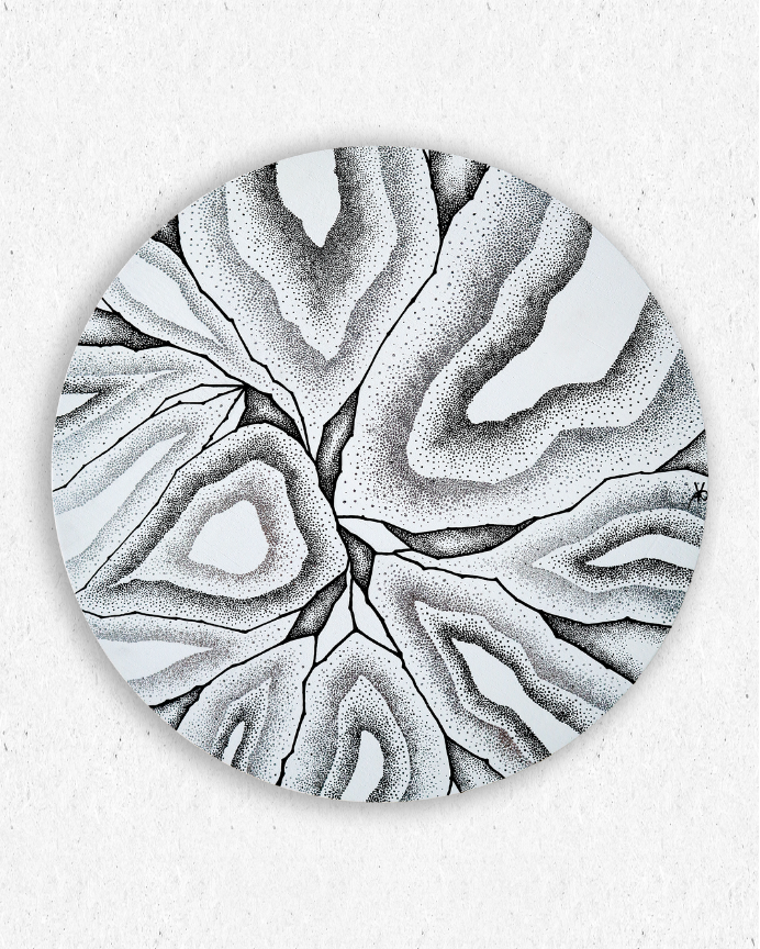 Œuvre "Réalisation" en pointillisme acrylique noir, blanc et argenté, format rond 30cm, sur contreplaqué