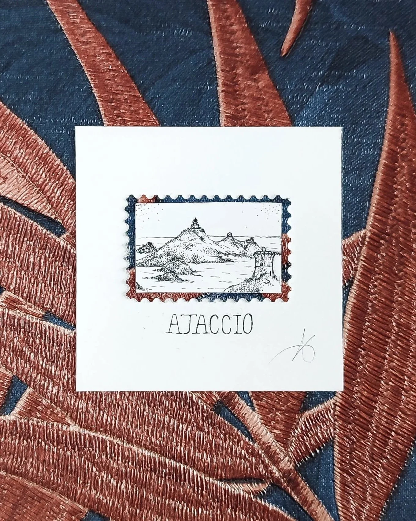 Œuvre originale en pointillisme représentant Ajaccio et les Îles Sanguinaires, dessin miniature au feutre noir