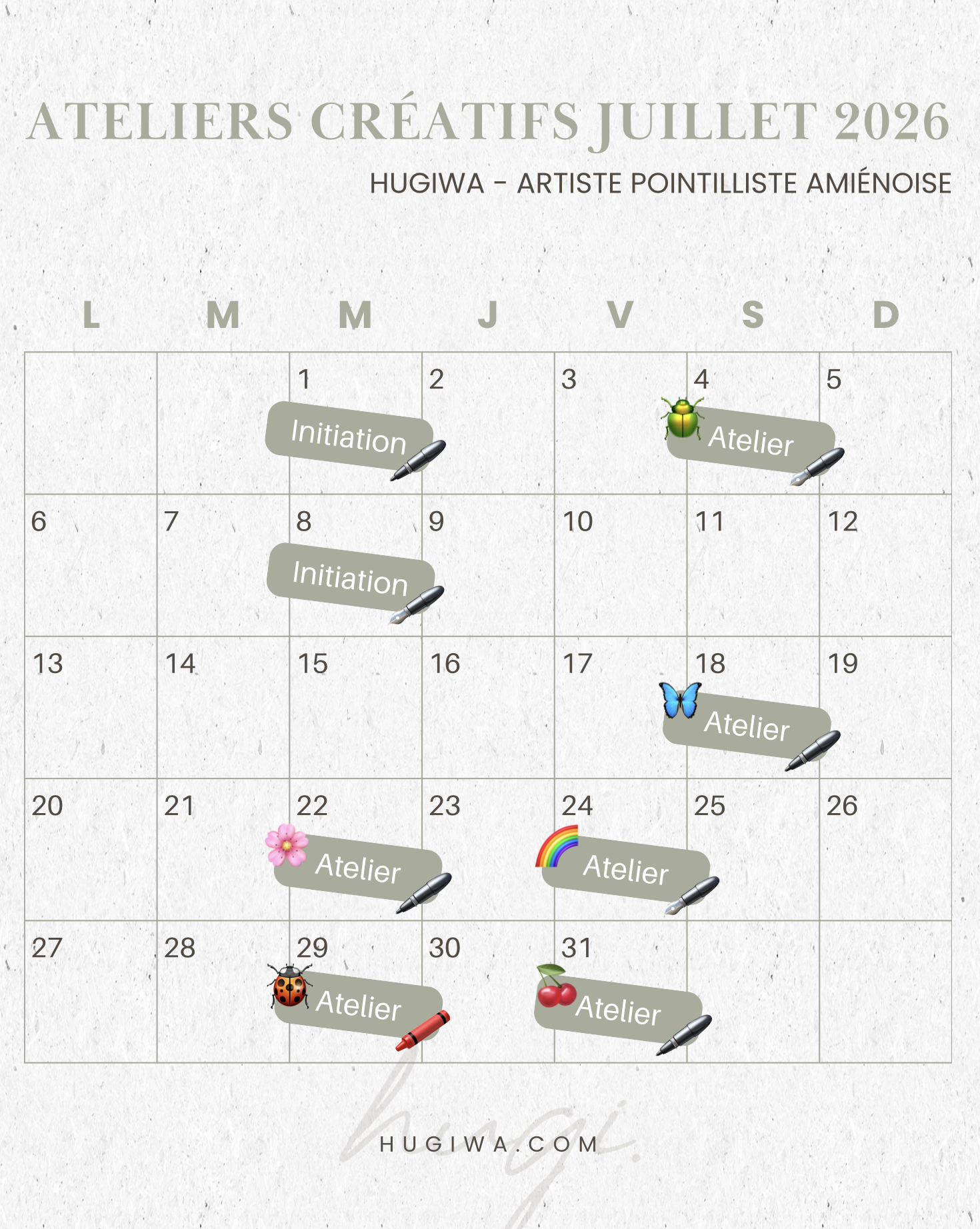 Ateliers créatifs pointillisme Amiens juillet 2026 programme