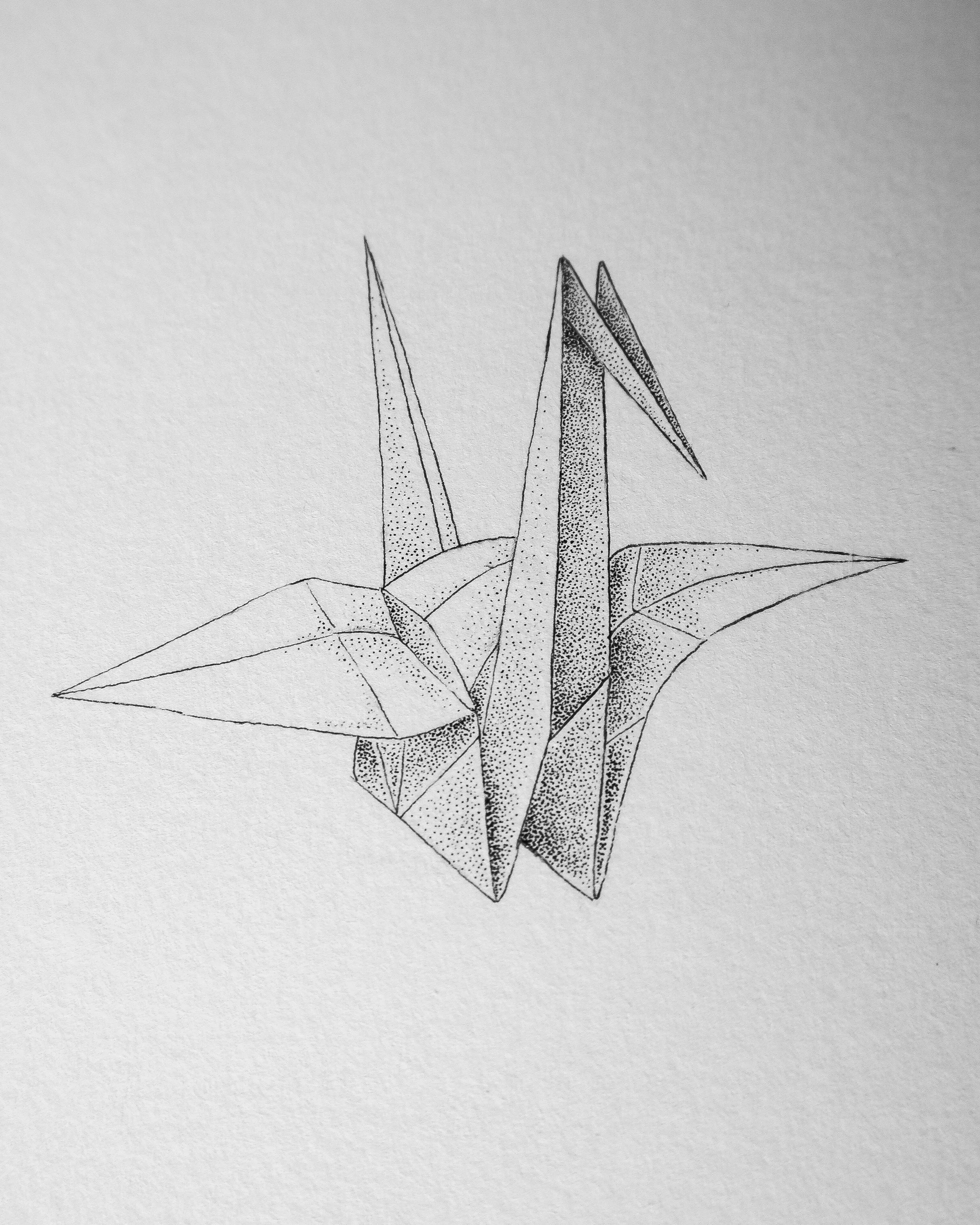 Dessin original en pointillisme représentant une grue en origami