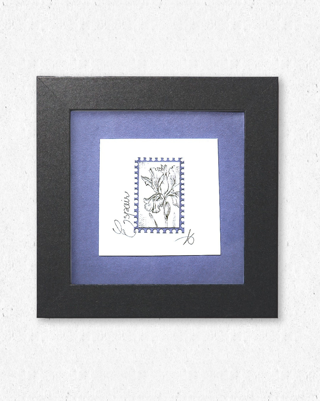 Timbre Floral Pointillisme - Espoir - Iris - Feutre Noir 10x10 cm