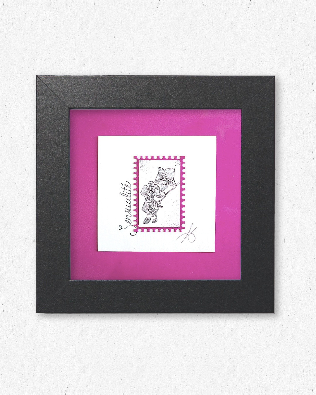Sensualité I (Orchidée) - Timbre original sous cadre en pointillisme - 10x10cm