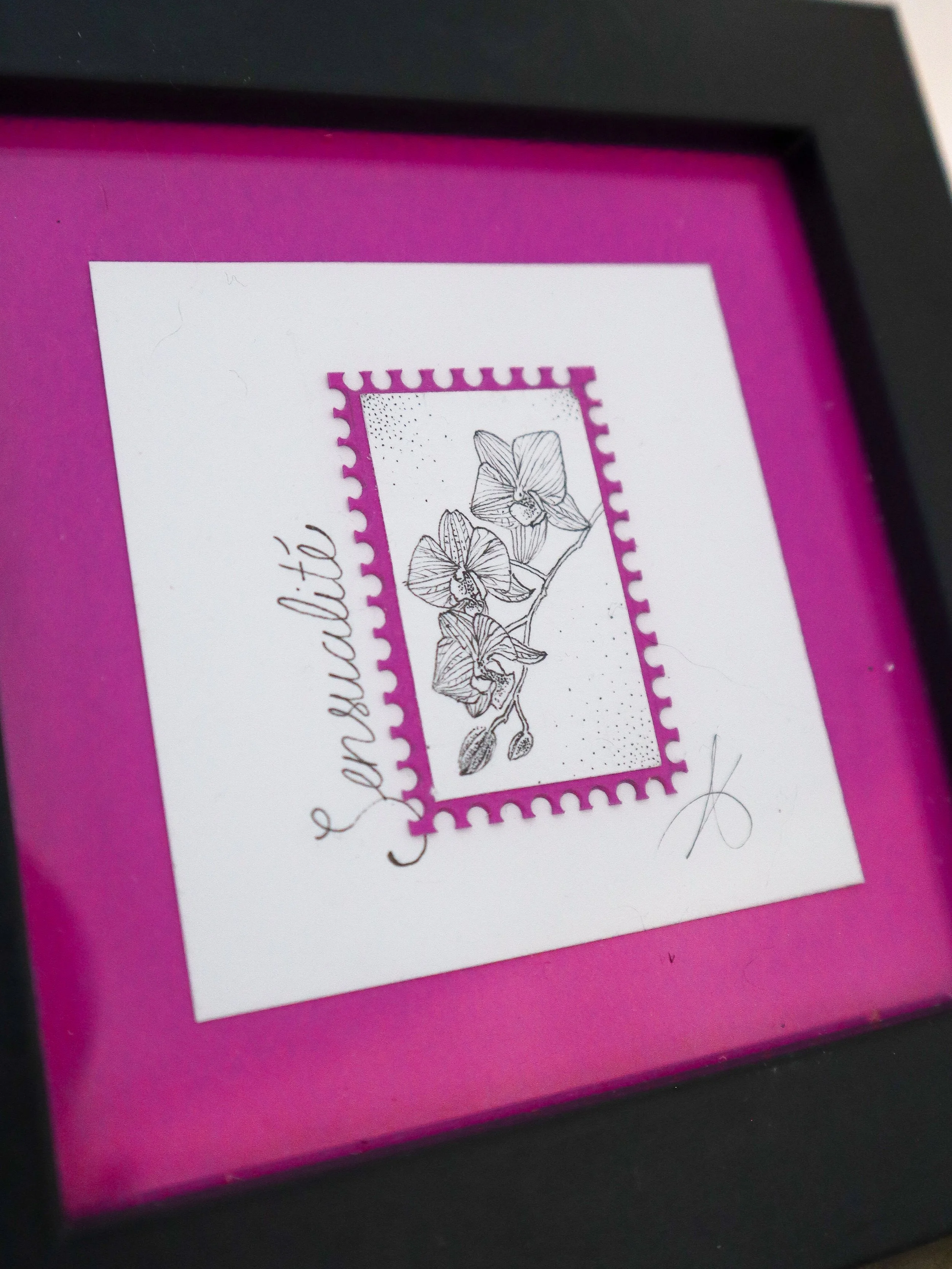 Timbre Floral Pointillisme - Sensualité - Orchidée - Feutre Noir 10x10 cm