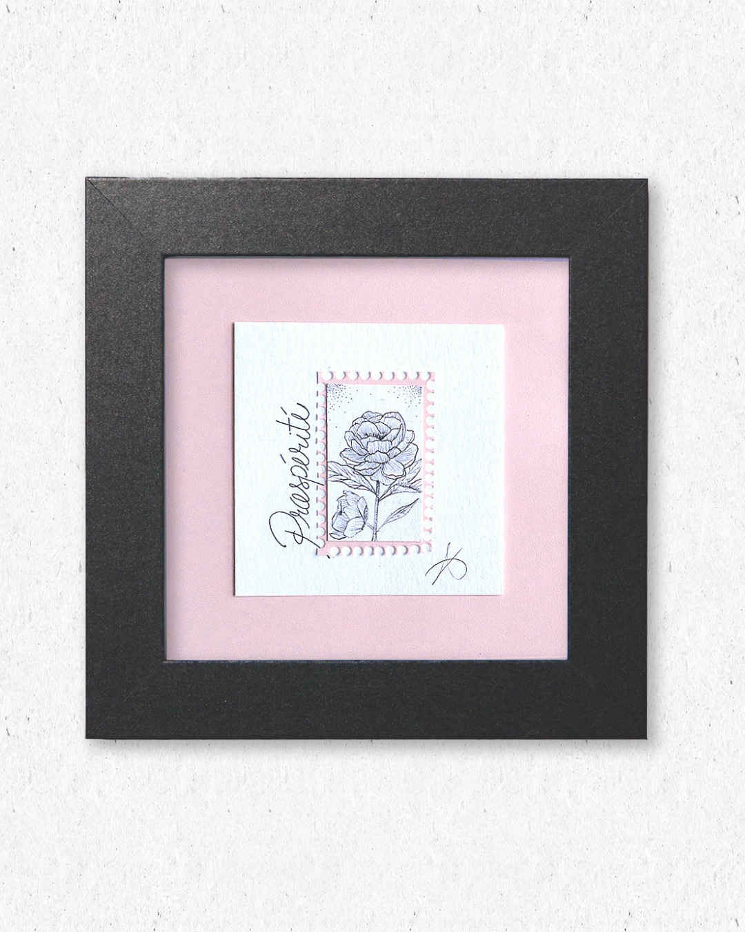 Timbre Floral Pointillisme - Prospérité - Pivoine - Feutre Noir 10x10 cm