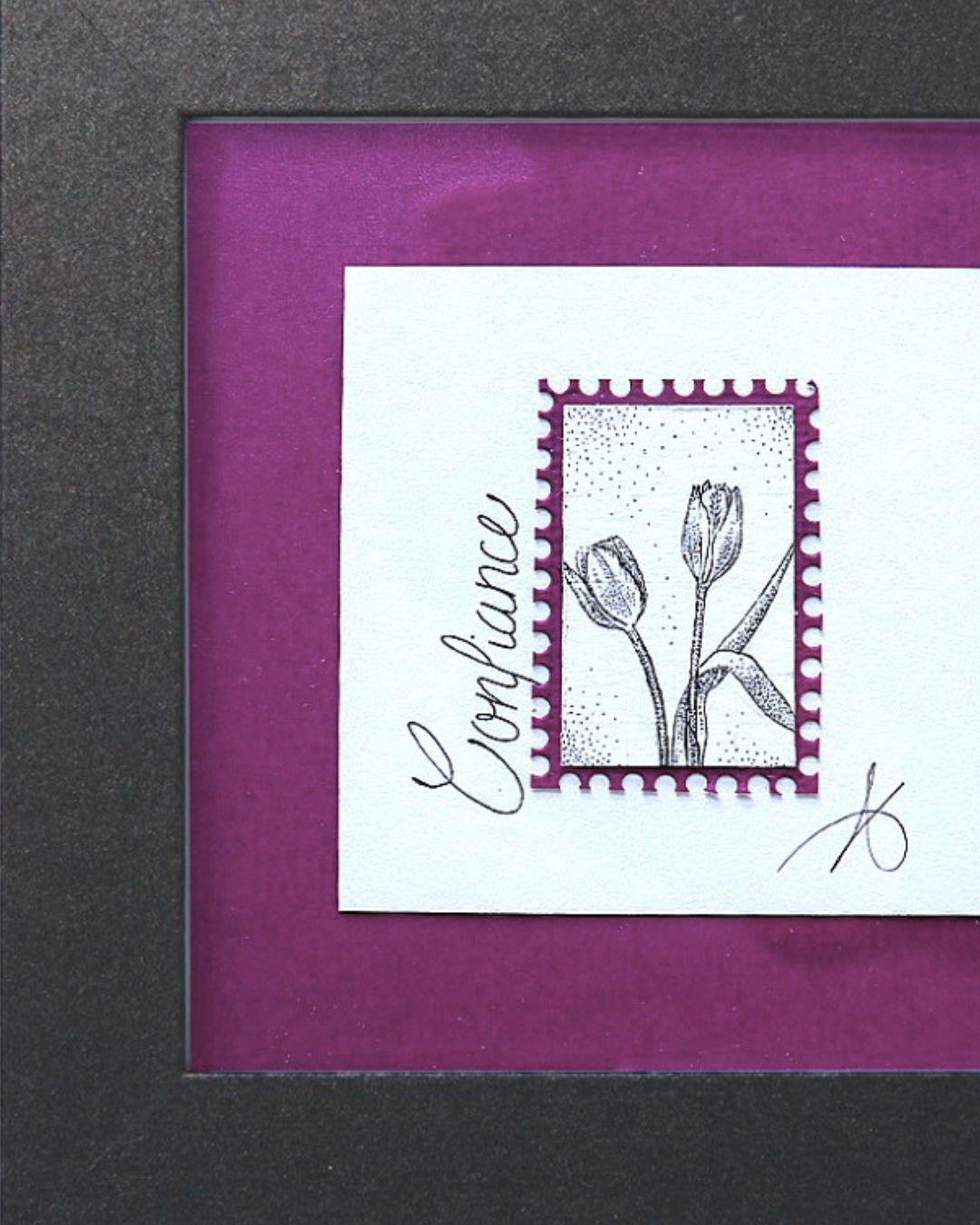 Timbre floral Tulipe confiance en pointillisme au feutre noir – œuvre originale 10×10 cm