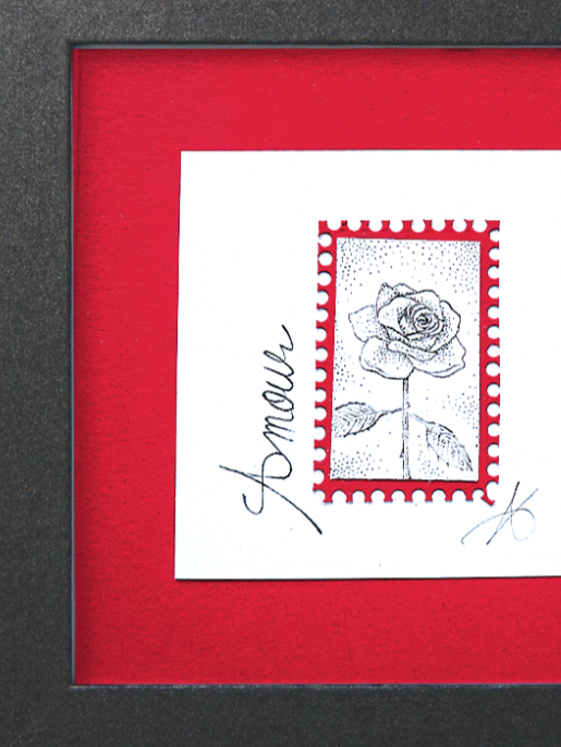 Détail en pointillisme au feutre noir d’un timbre représentant une rose