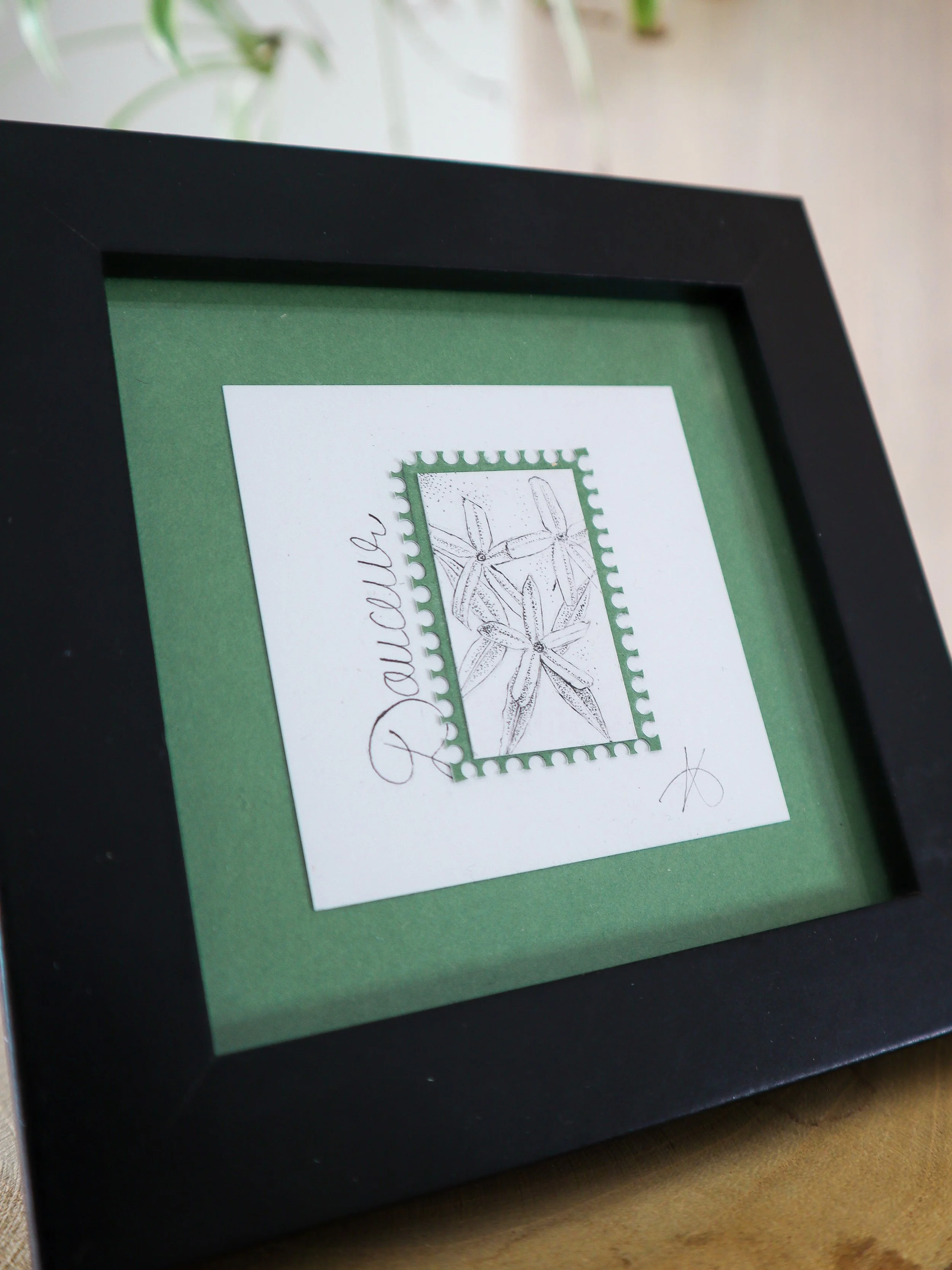 Détail pointillisme feutre noir Jasmin Douceur – fleur de jasmin et calligraphie