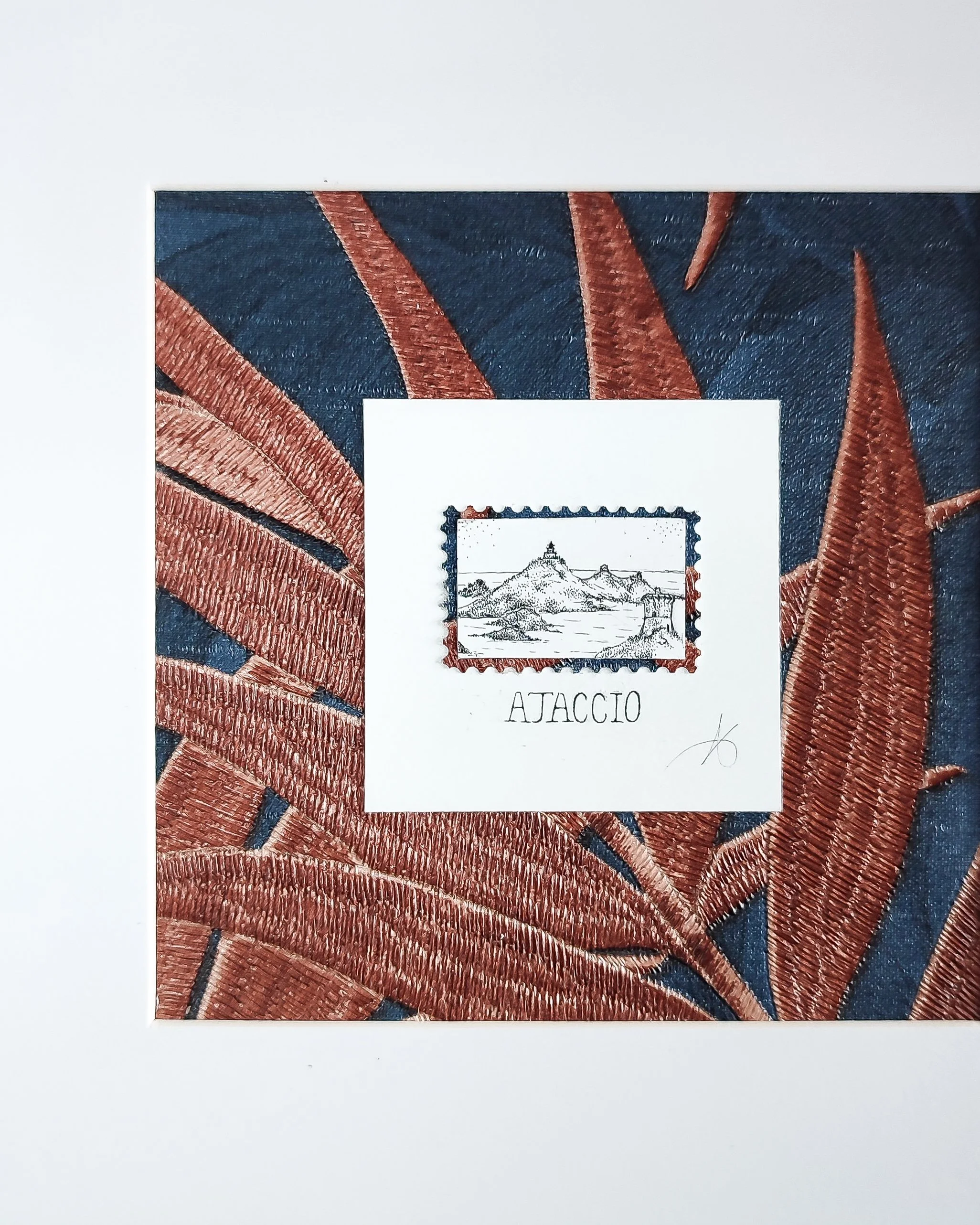 Détail du timbre en pointillisme Ajaccio – dessin miniature fait main