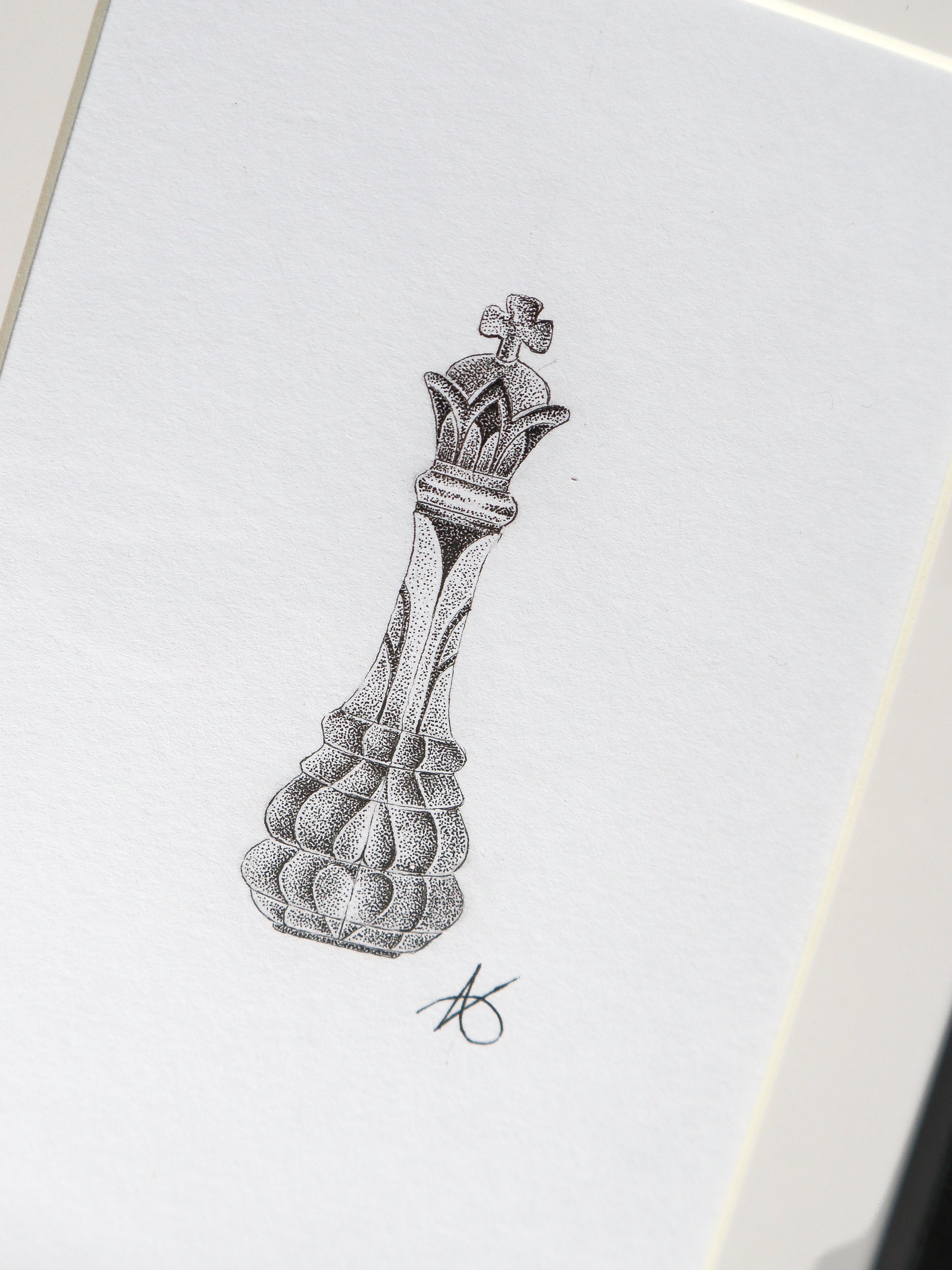Dessin original en pointillisme représentant un dame aux échecs