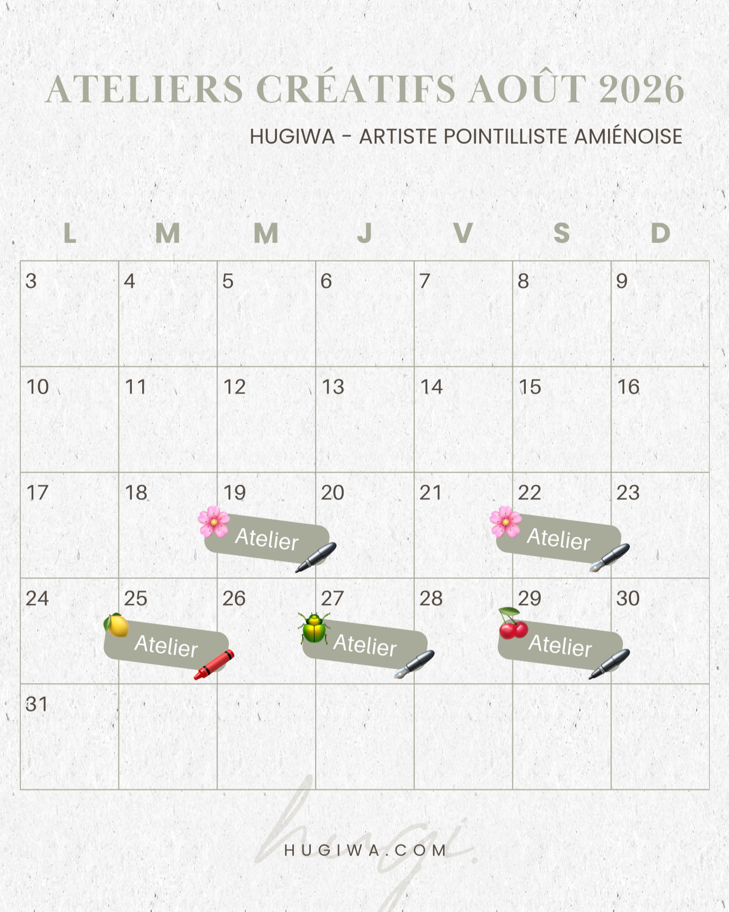calendrier ateliers créatifs Amiens aout 2026 pointillisme
