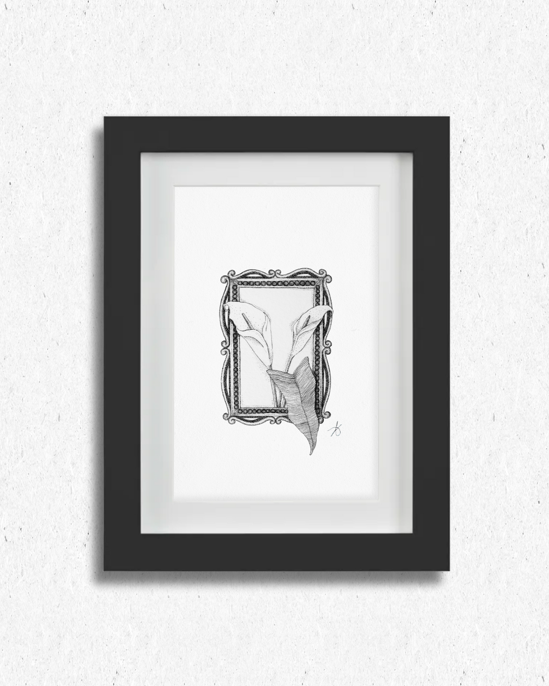 Dessin original en pointillisme représentant deux arums dans un cadre orné