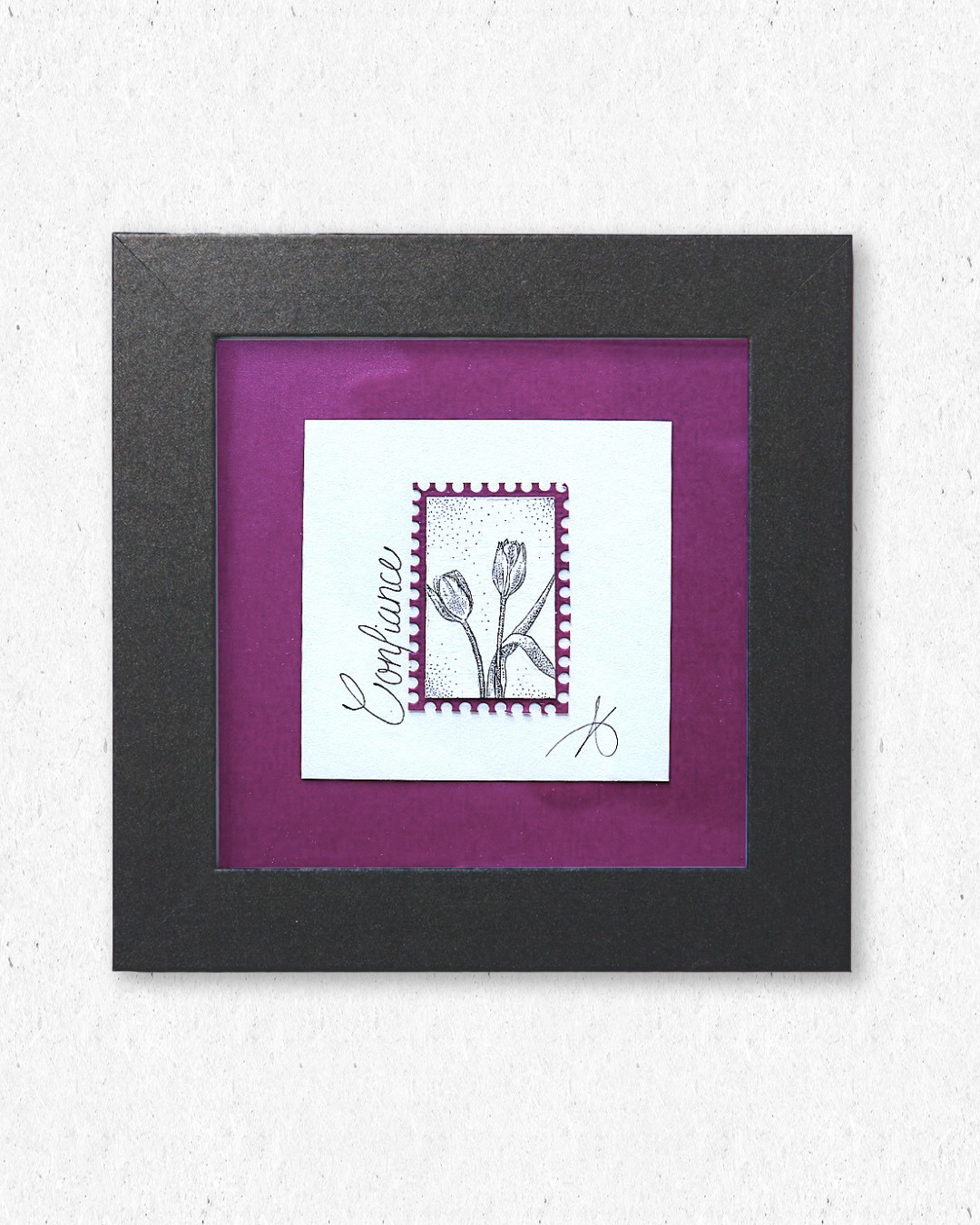 Timbre floral Tulipe confiance en pointillisme au feutre noir – œuvre originale 10×10 cm
