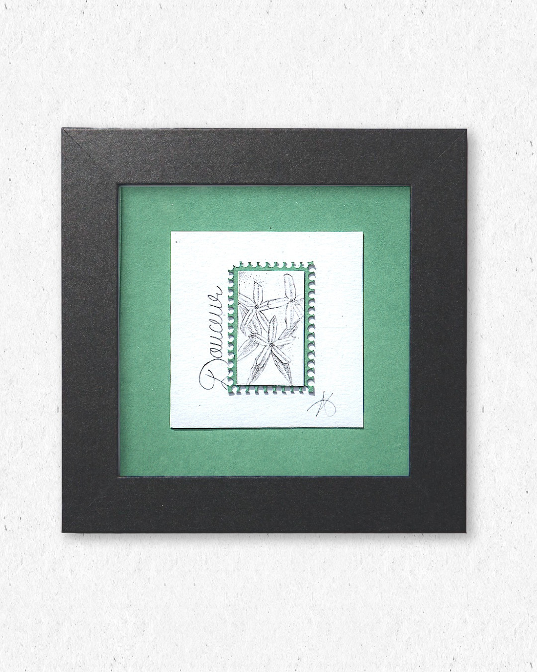 Timbre floral Jasmin Douceur en pointillisme au feutre noir – œuvre originale 10×10 cm