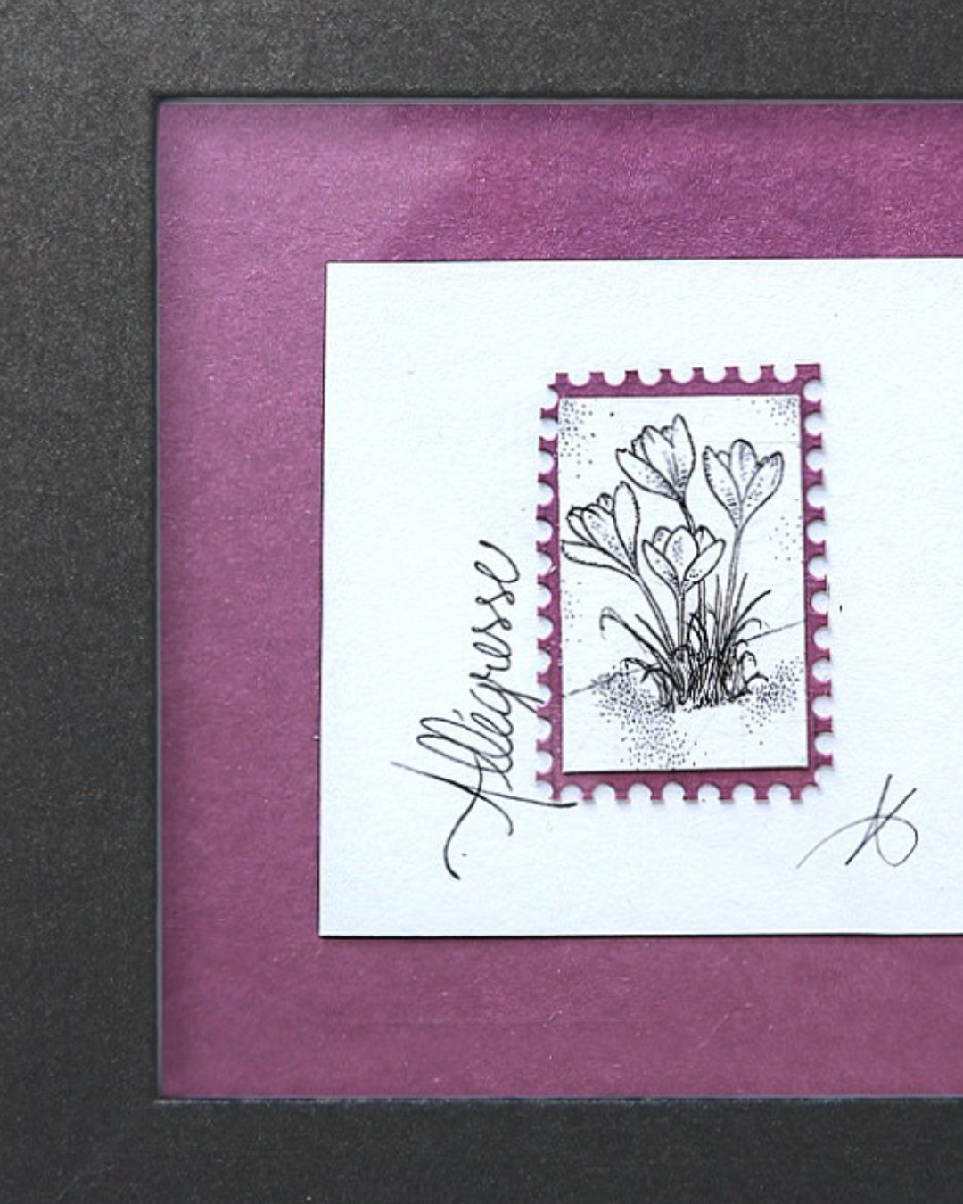 Timbre Floral Pointillisme - Allégresse - Crocus - Feutre Noir 10x10 cm