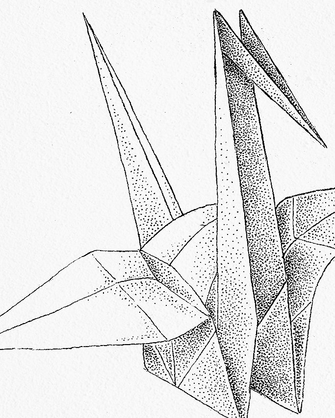 Dessin original en pointillisme représentant une grue en origami