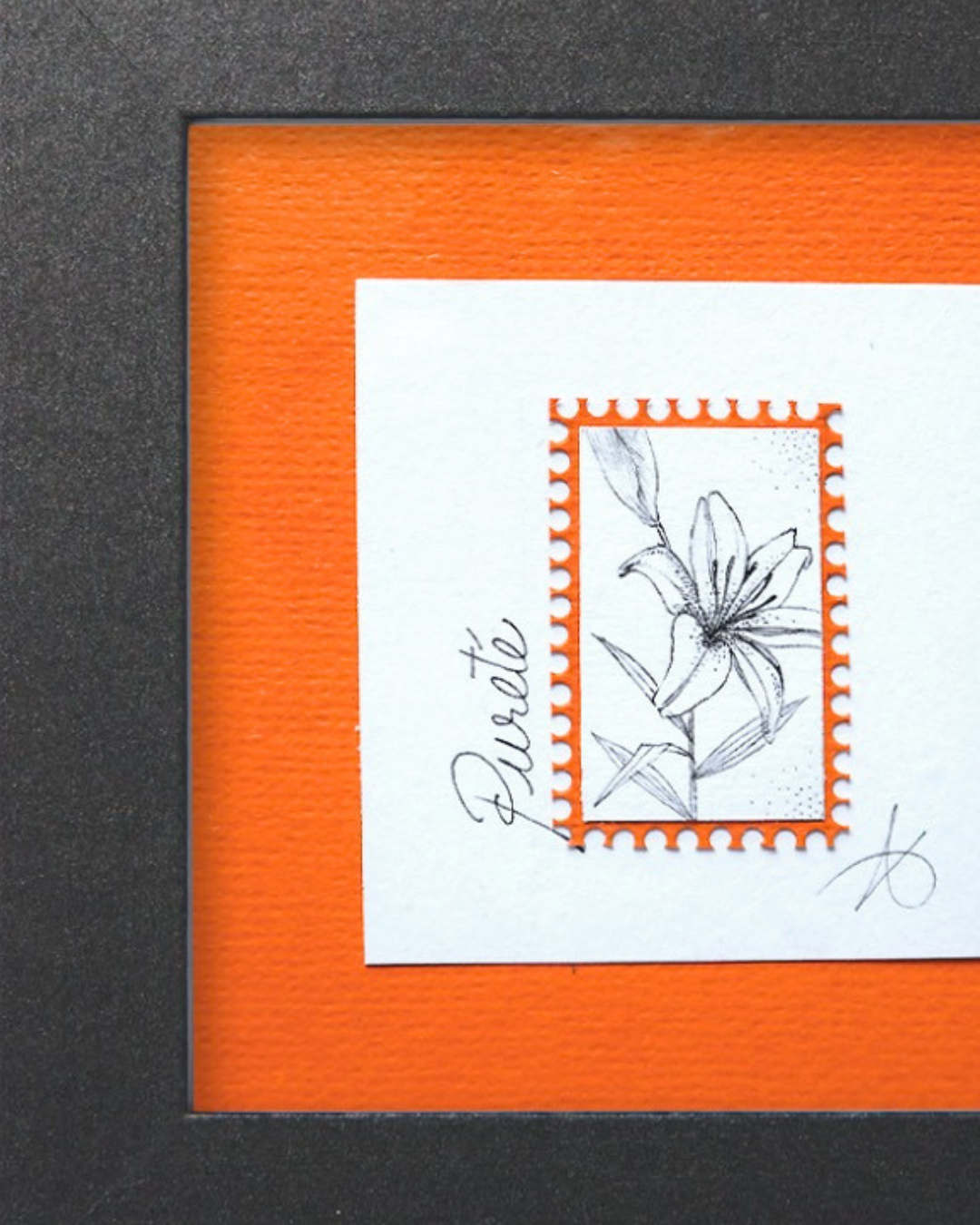 Timbre Floral Pointillisme - Pureté - Lys - Feutre Noir 10x10 cm