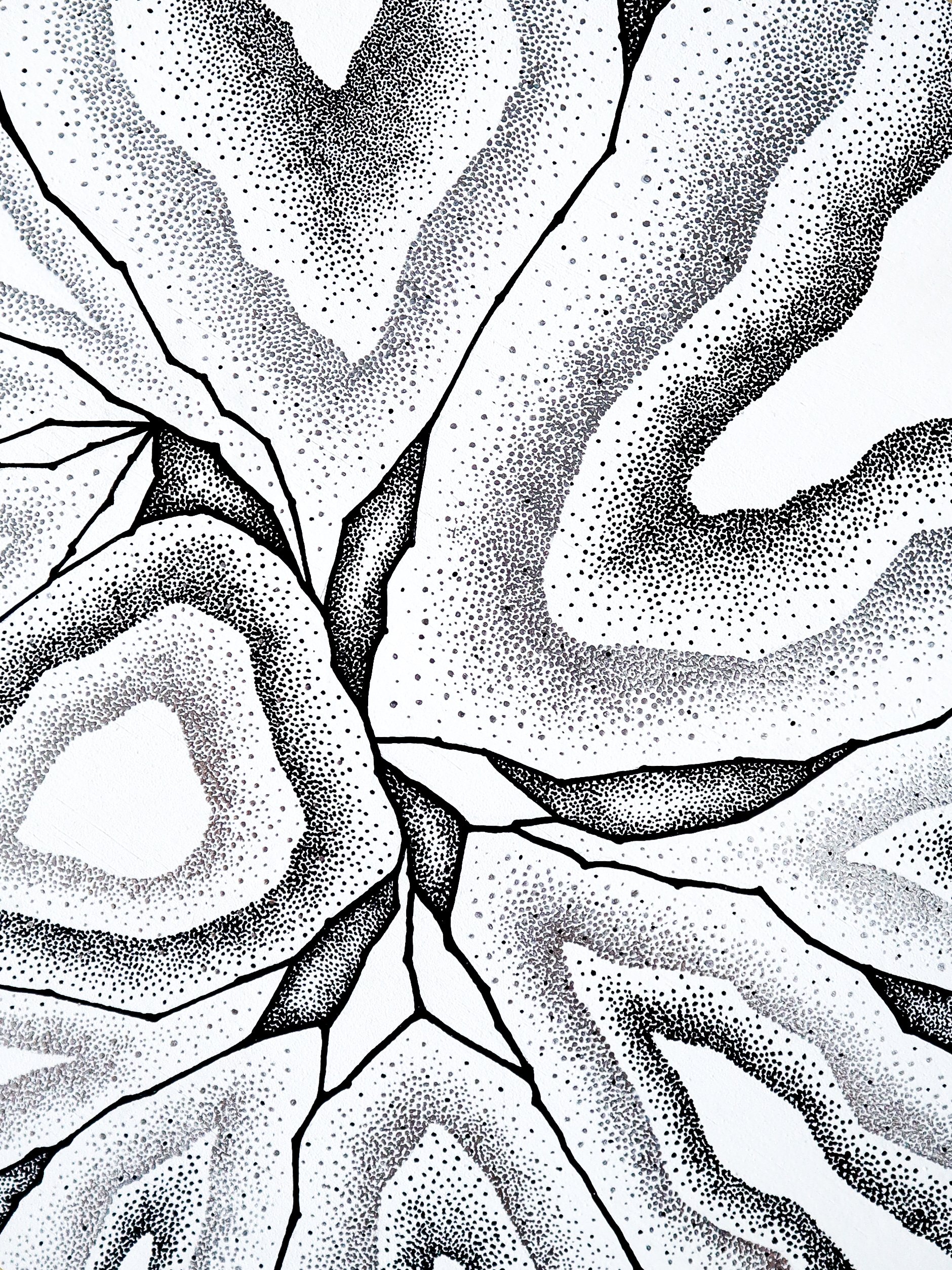 Réalisation, oeuvre sur bois en pointillisme noir