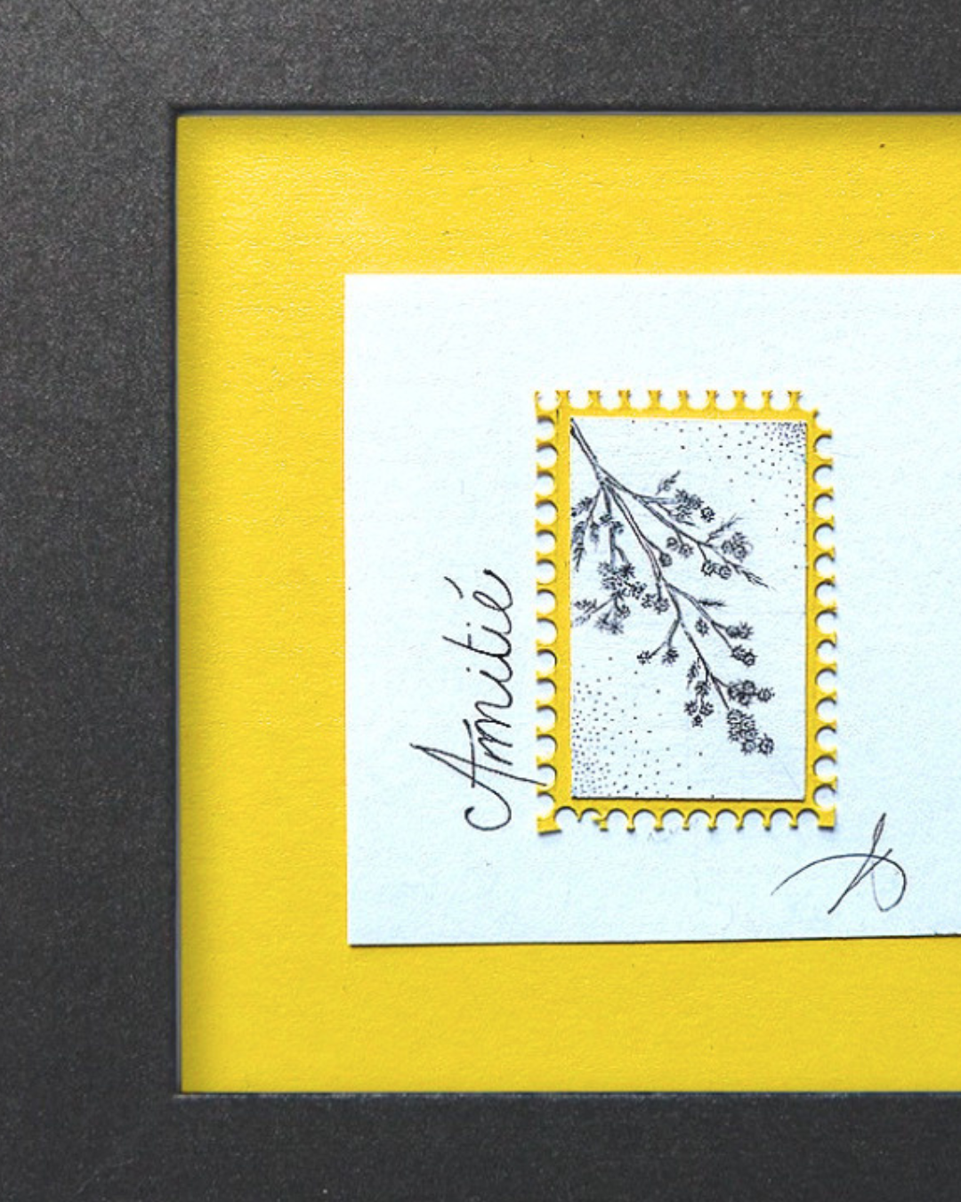 Timbre Floral Pointillisme - Amitié - Mimosa - Feutre Noir 10x10 cm