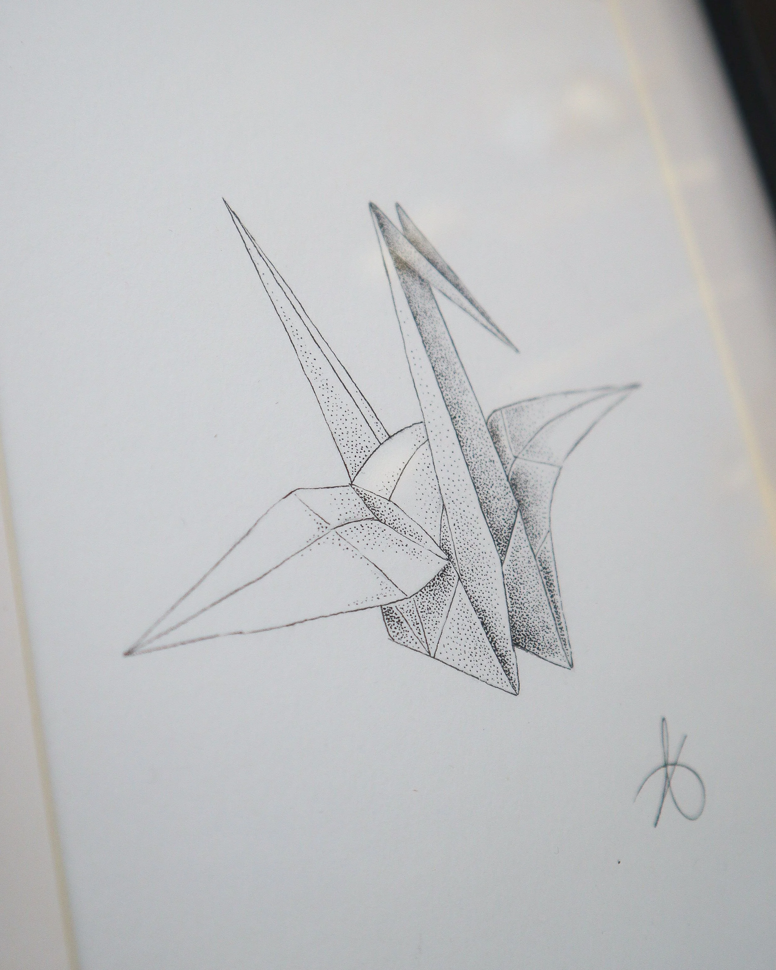 Dessin original en pointillisme représentant une grue en origami