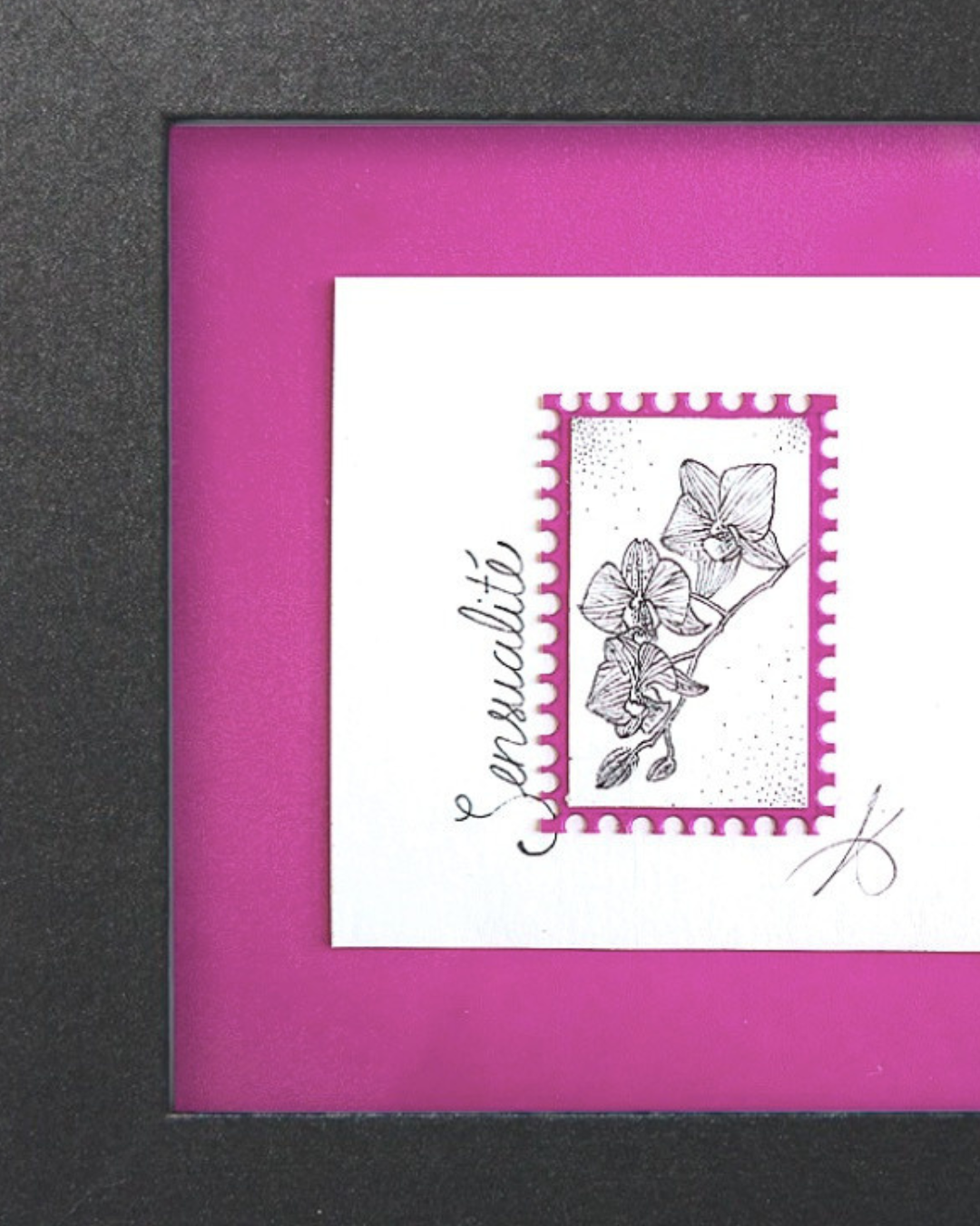 Timbre Floral Pointillisme - Sensualité - Orchidée - Feutre Noir 10x10 cm