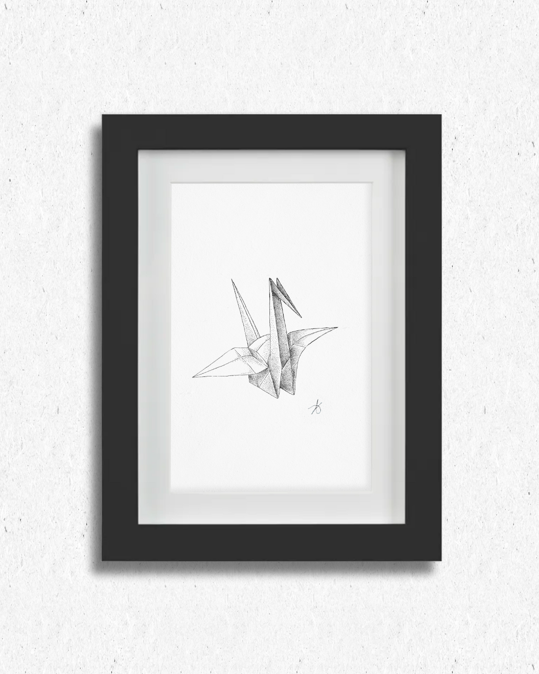 Dessin original en pointillisme représentant une grue en origami
