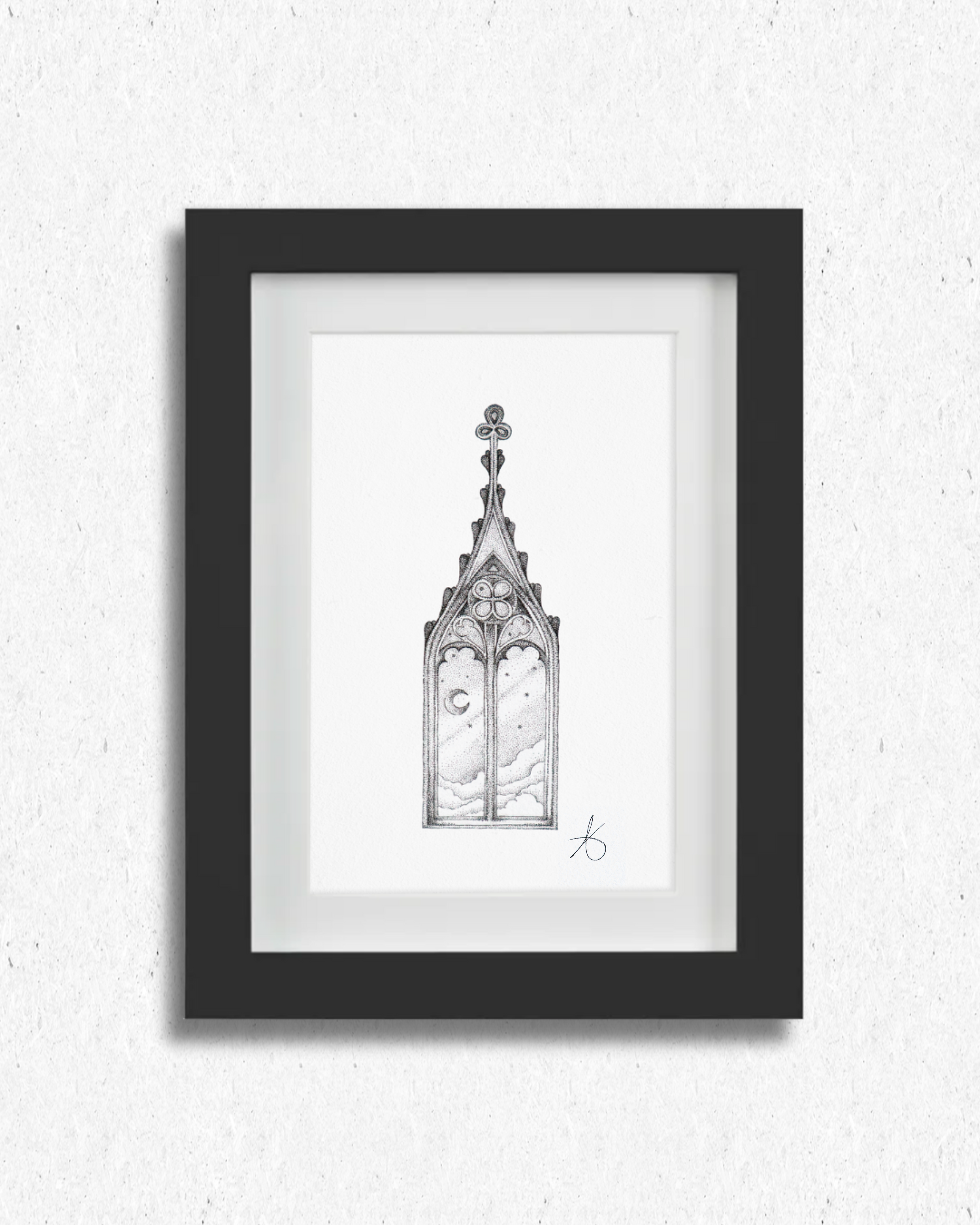 Cieux fenêtre gothique pointillisme – dessin original feutre noir 13×18 cm art gothique