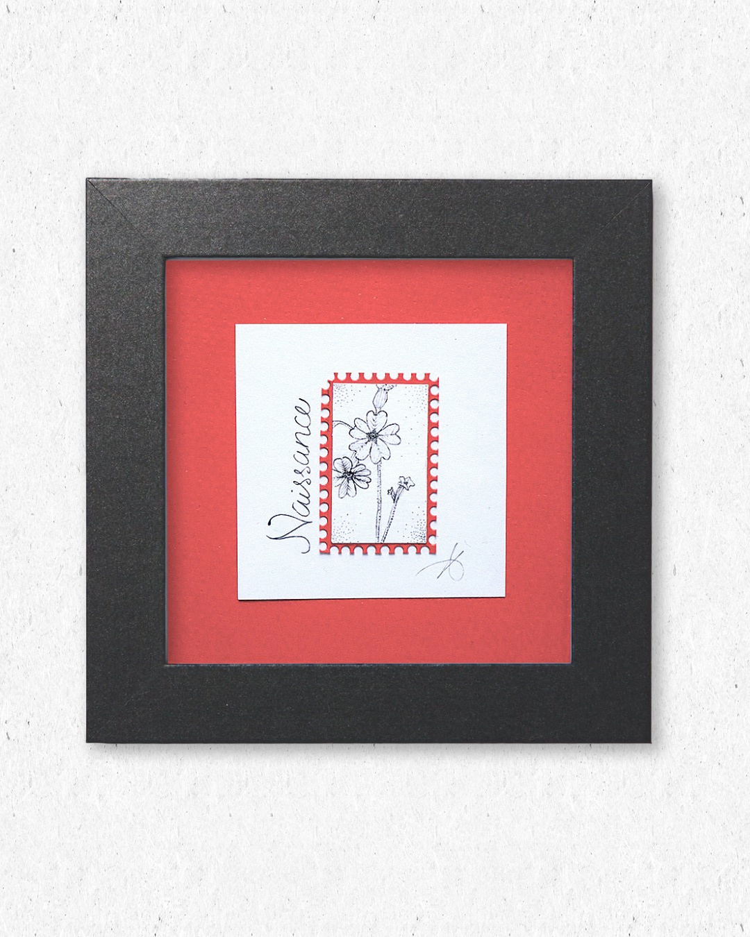 Naissance I (Primevère) - Timbre original sous cadre en pointillisme - 10x10cm