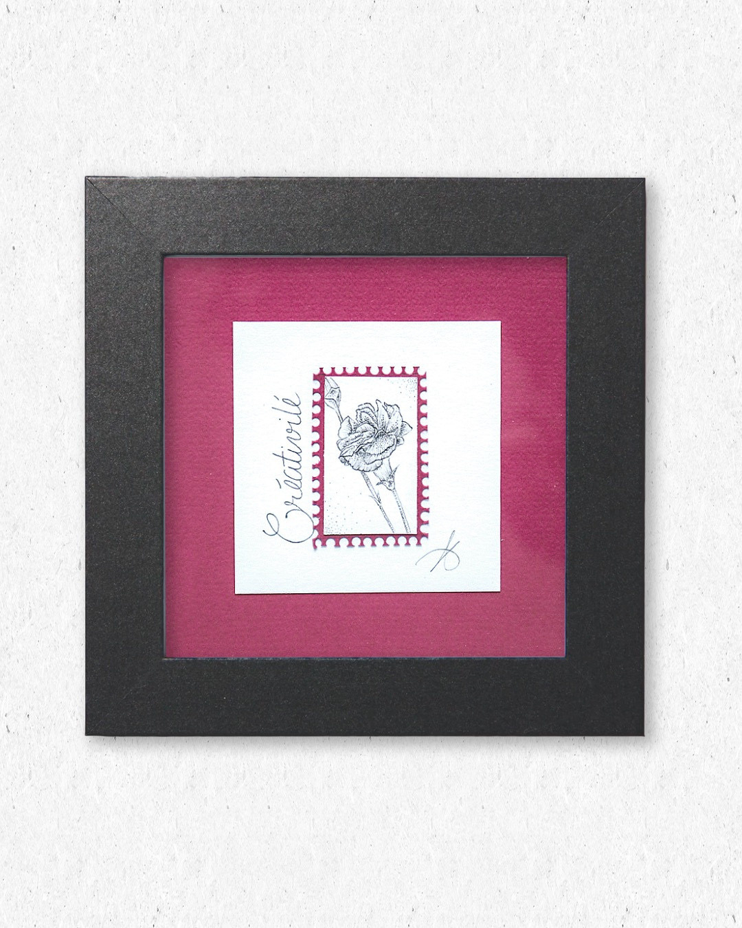 Timbre floral oeillet créativité en pointillisme au feutre noir – œuvre originale 10×10 cm