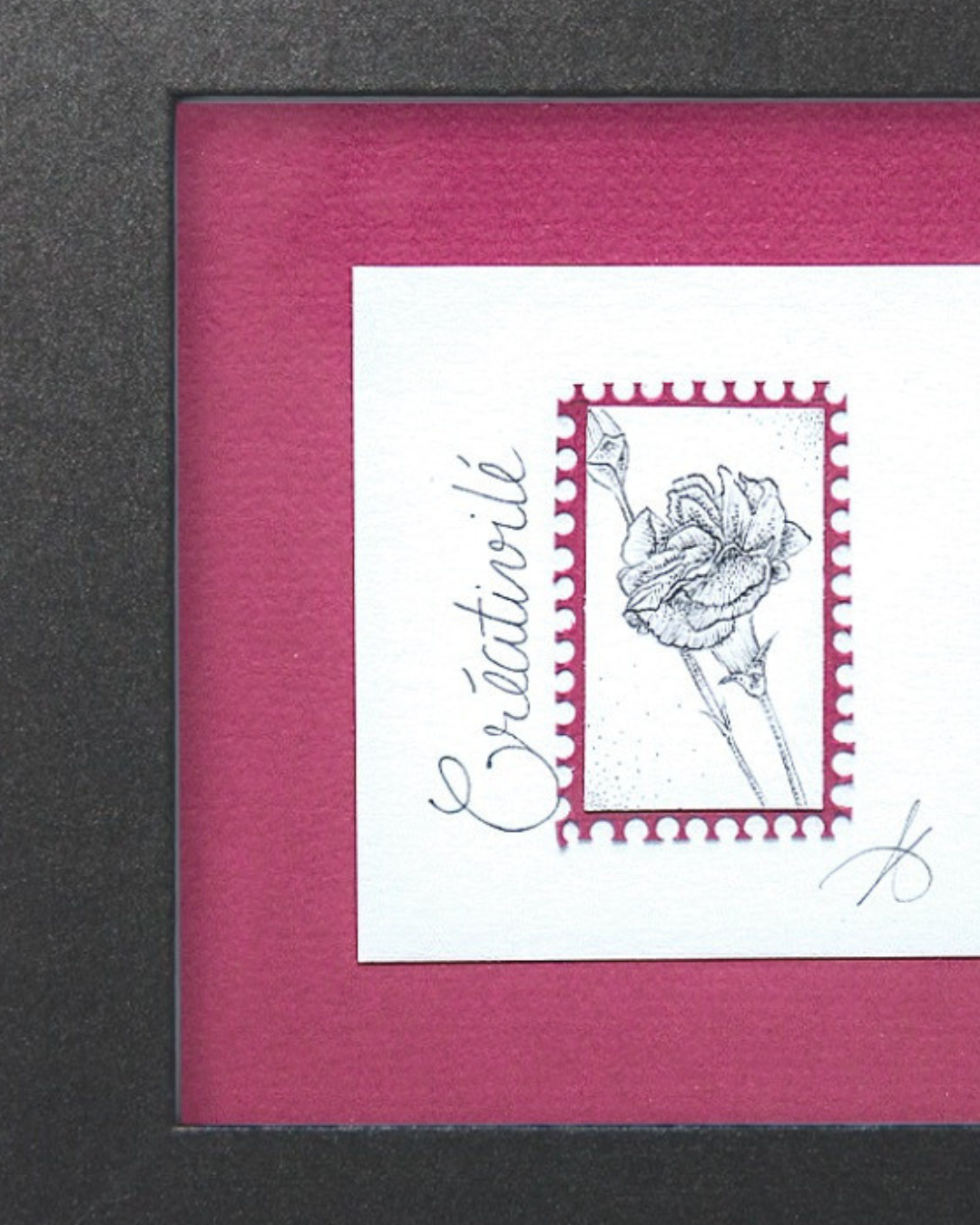 Timbre floral oeillet créativité en pointillisme au feutre noir – œuvre originale 10×10 cm