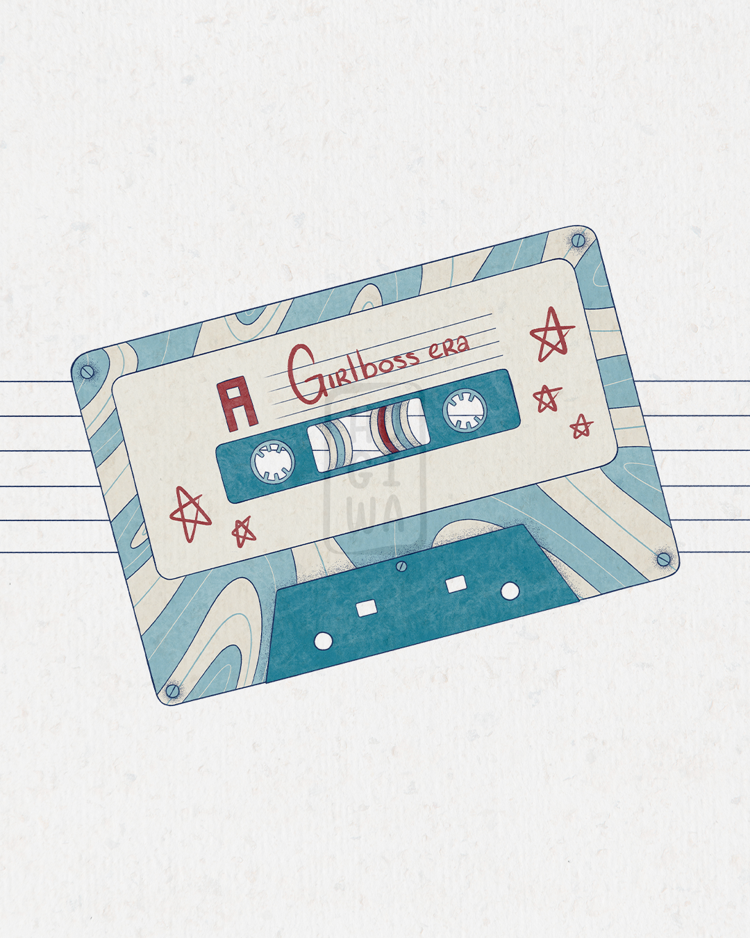Dessin numérique original d'une cassette rétro sur laquelle est écrit Girlboss era