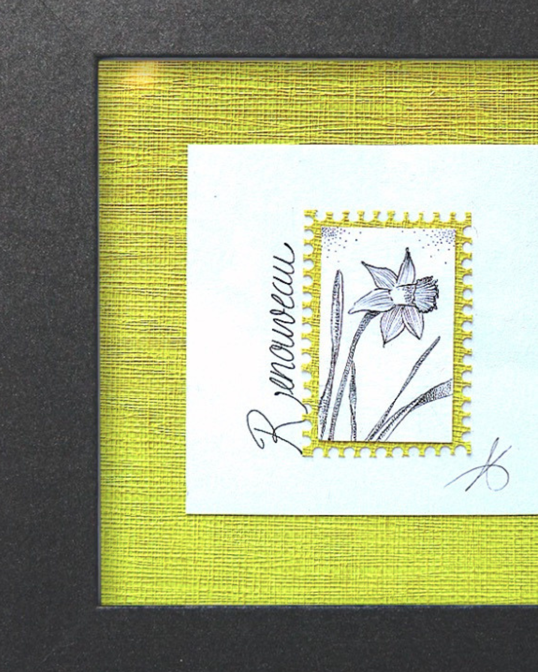 Timbre Floral Pointillisme - Renouveau - Jonquille - Feutre Noir 10x10 cm
