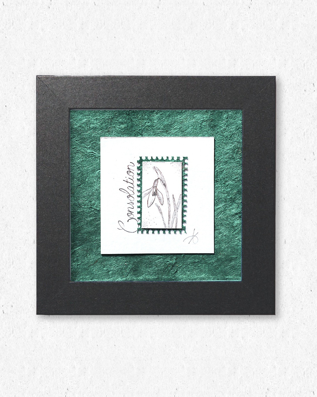 Consolation I (Perce Neige) - Timbre original sous cadre en pointillisme - 10x10cm
