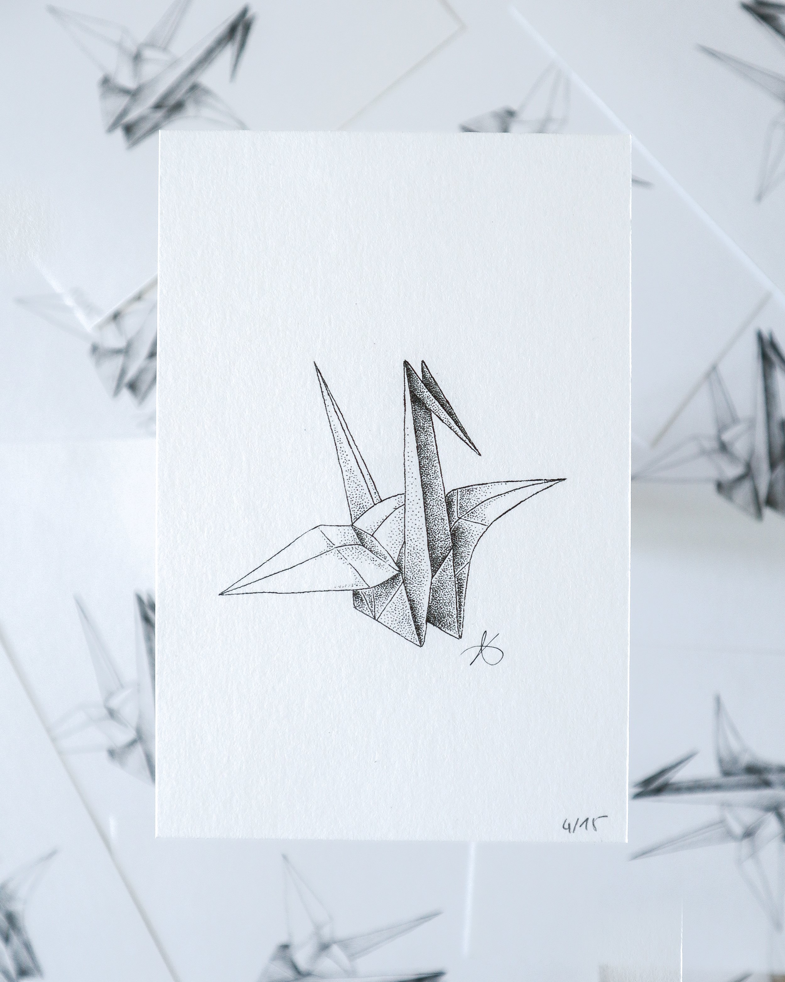 Reproduction 10×15 cm Plié - grue origami pointillisme feutre noir impression fine art