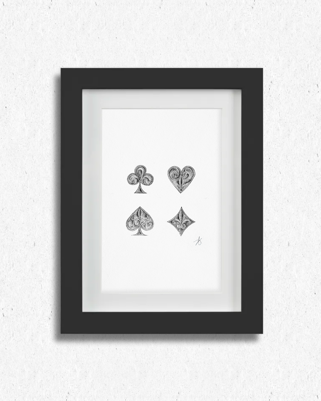 Dessin original en pointillisme représentant les symboles d'un jeu de carte : coeur, trèfle, carreau, pique