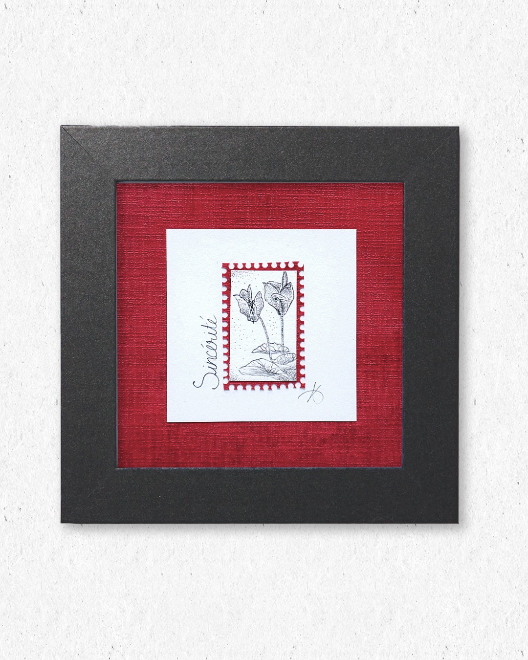 Sincérité I (Cyclamen) - Timbre original sous cadre en pointillisme - 10x10cm