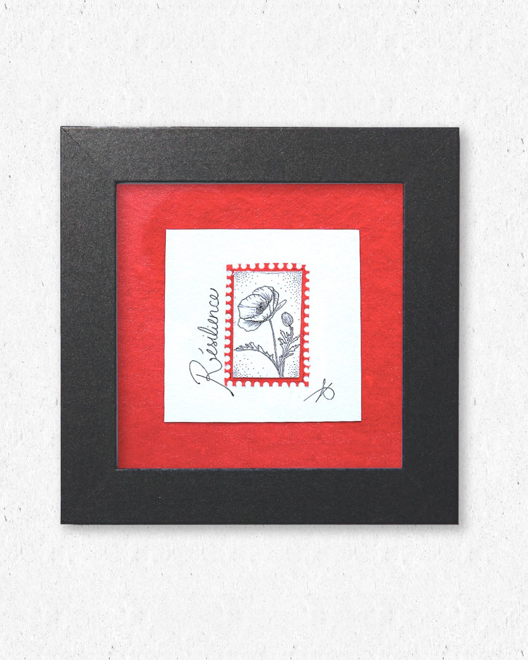 Timbre floral Coquelicot résilience en pointillisme au feutre noir – œuvre originale 10×10 cm