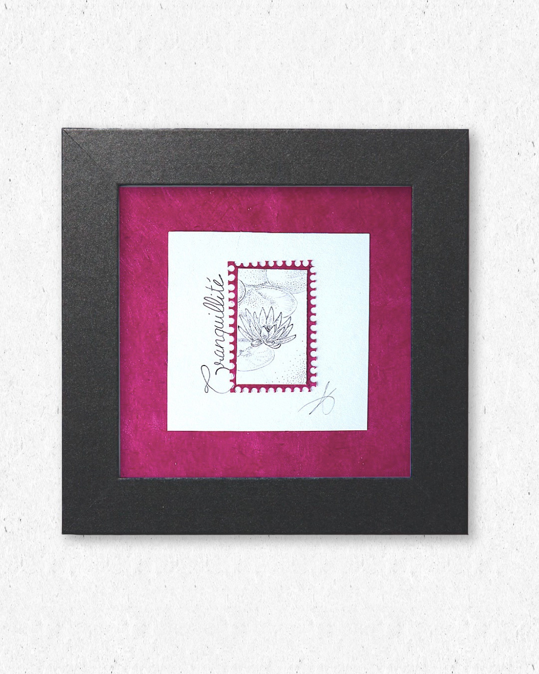 Timbre Floral Pointillisme - Tranquillité - Nénuphar - Feutre Noir 10x10 cm
