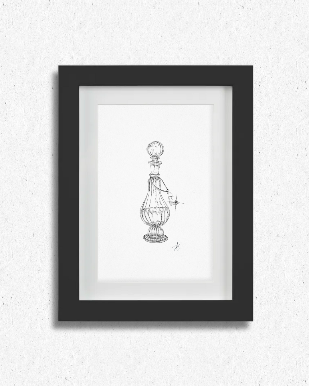 Dessin original en pointillisme représentant une fiole de parfum vintage