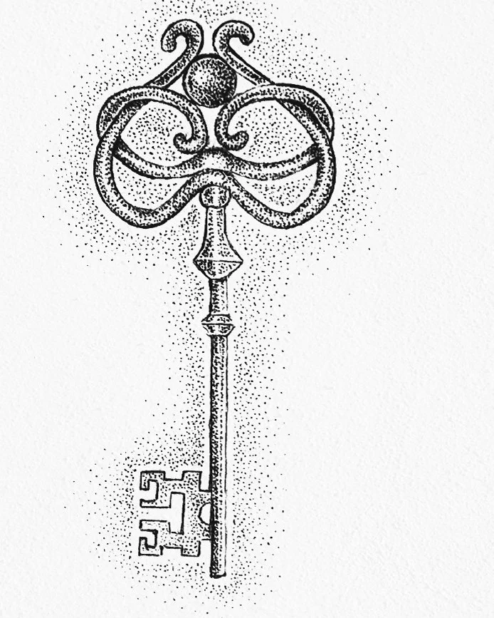 Dessin original en pointillisme représentant une clé ornée en métal