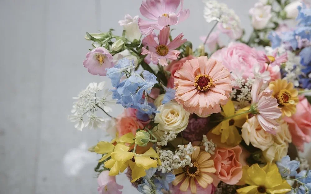 Close-up of a colorful bouquet of various flowers including pink, yellow, white, and blue blossoms, against a plain background.