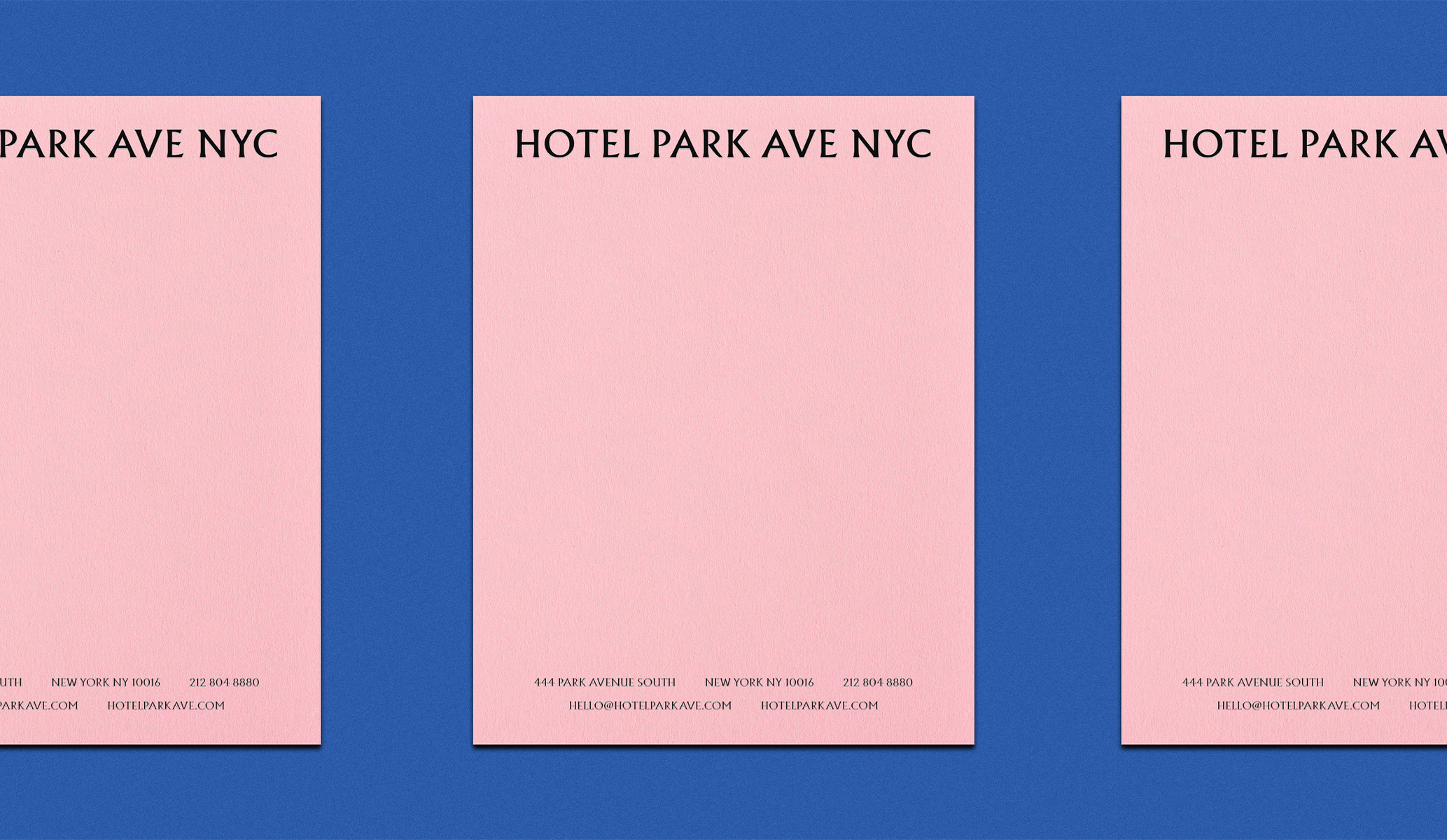 Pink letterheads with Hotel Park Ave NYC in large letters across the top