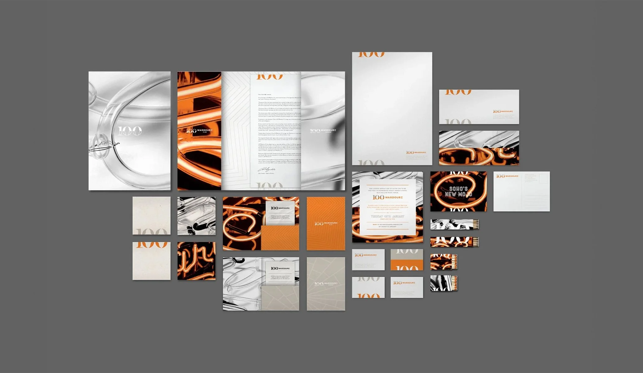 Various print collateral for 100 Wardour St such as coasters, menus, bill holders, invites, matches and business cards