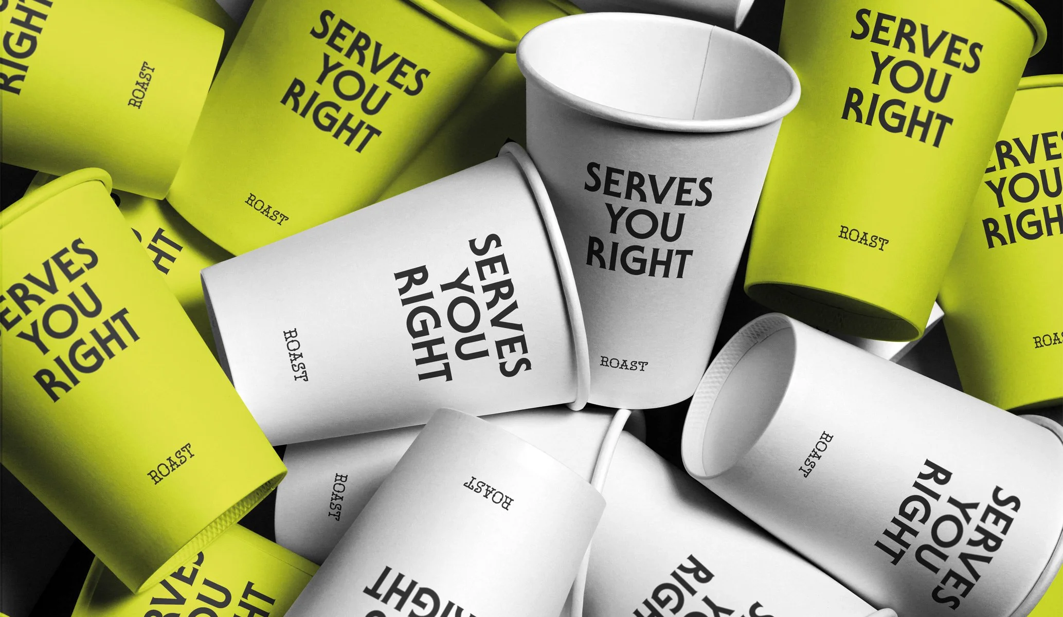a collection of used, disposable coffee cups with the words 'serves you right' in large black letters