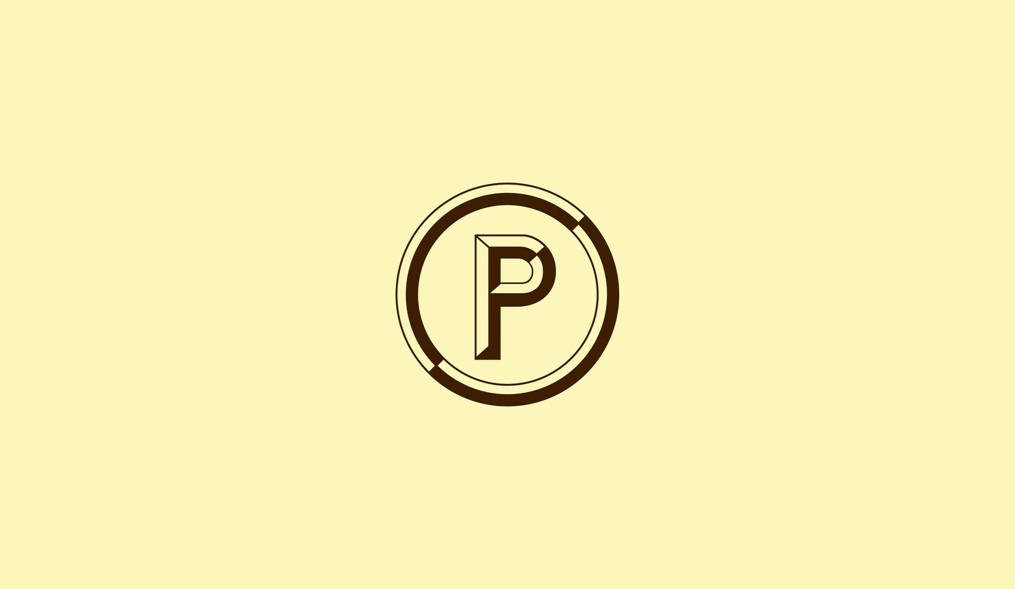 P logo, the shorthand version of the Pulitzer Hotel wordmark in brown on a yellow background