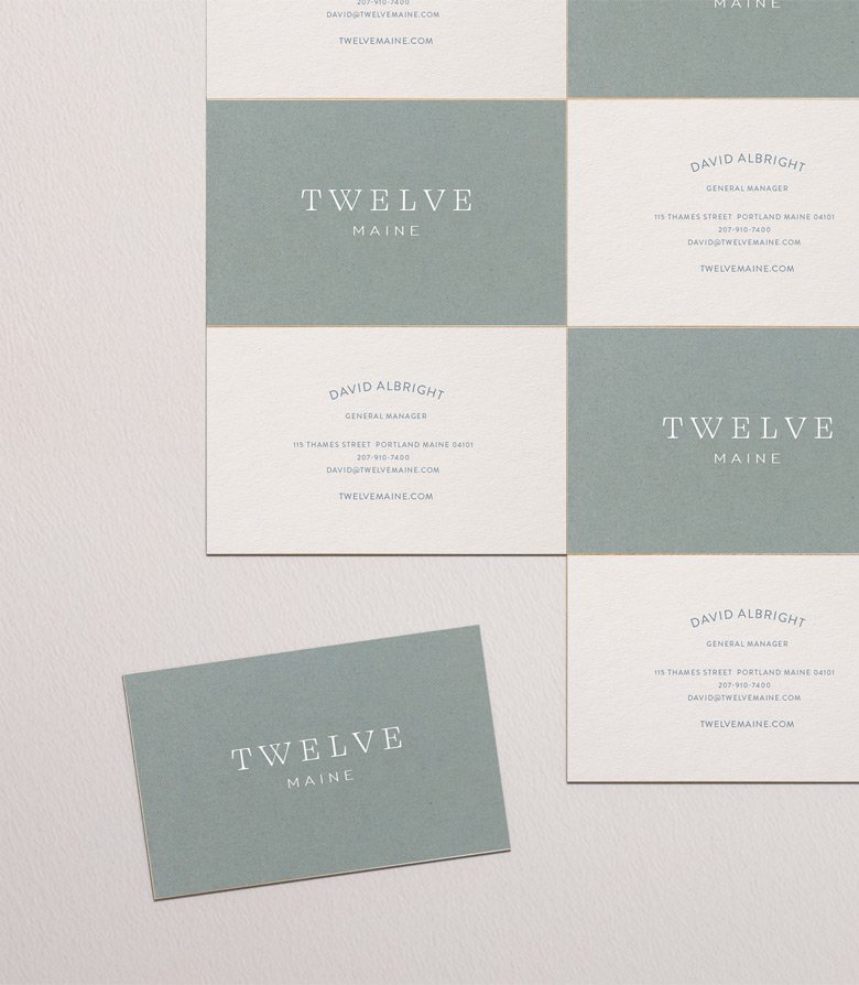 Business cards for Twelve, Maine. Part of the suite of collateral created featuring the new brand identity