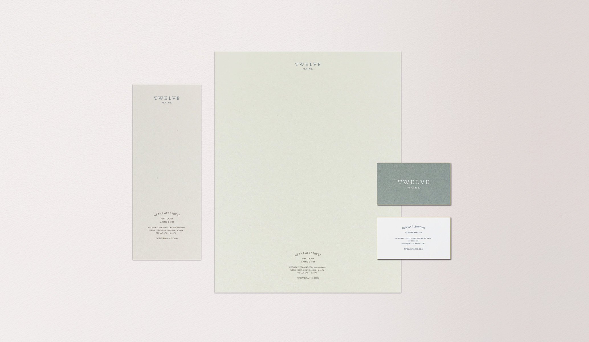 Stationery for Twelve, Maine. Part of the suite of collateral created featuring the new brand identity