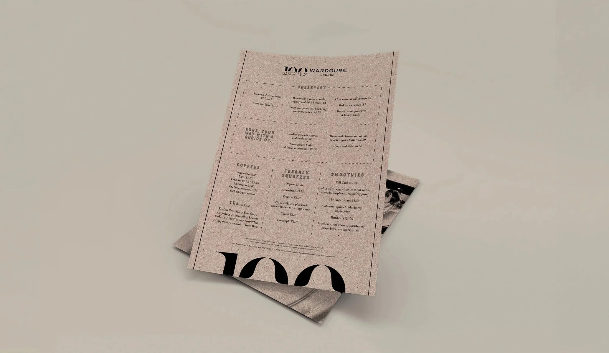 Menus featuring the brand identity for 100 Wardour St created by Colt