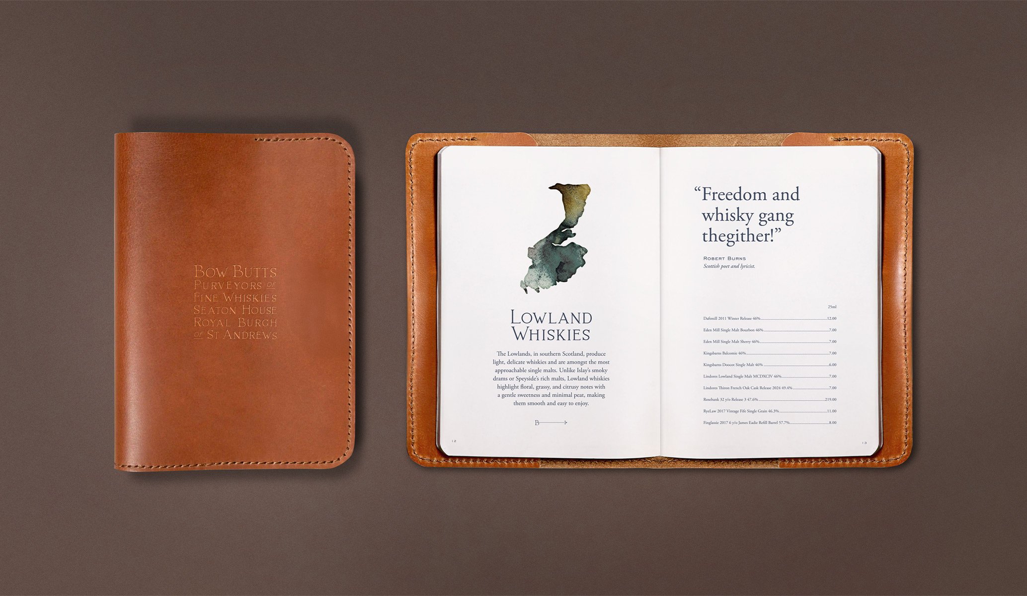 Brown leather menu cover and contents for Bow Butts bar at Seaton House, part of the brand identity by Colt